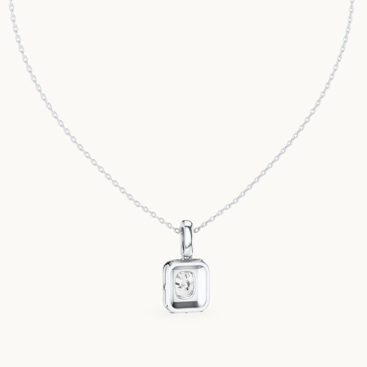 Cushion-cut and round lab-grown diamond halo drop pendant in white gold, 3.77 CT TW, view 4