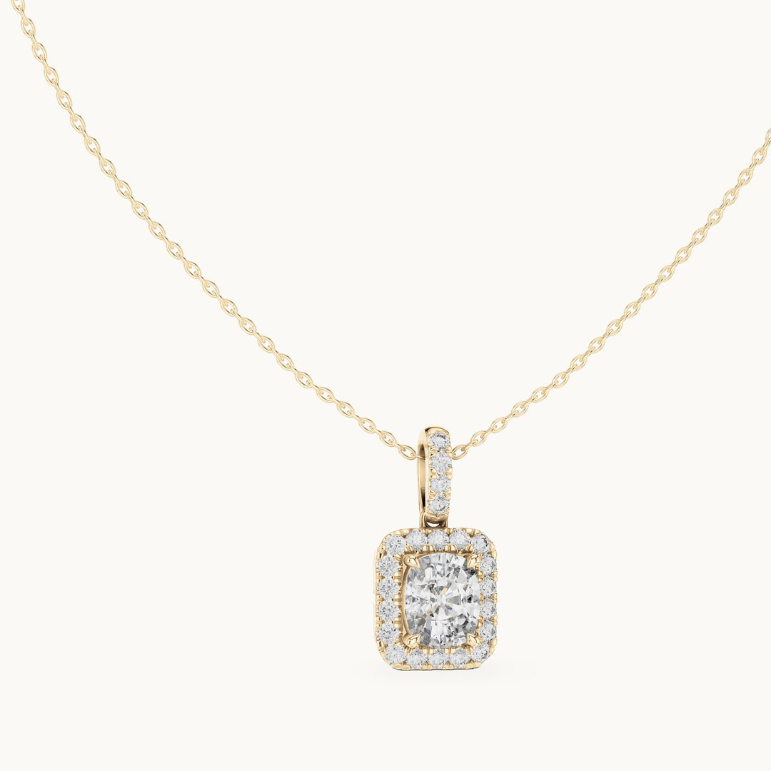 Cushion-cut and round lab-grown diamond halo drop pendant in yellow gold, 3.77 CT TW, view 1