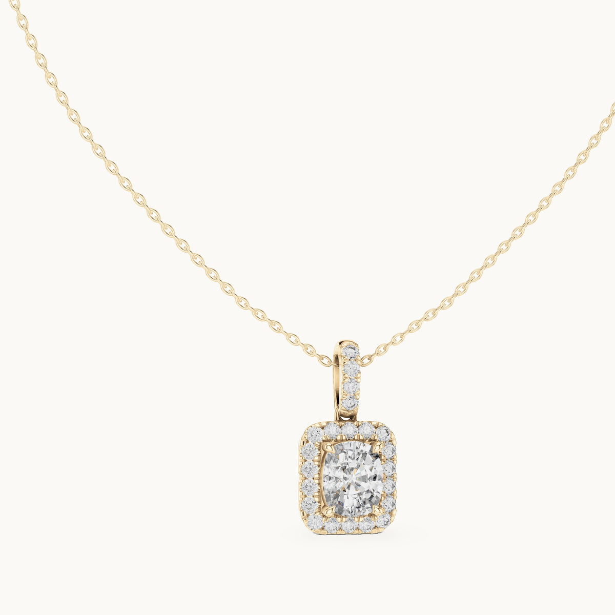 Cushion-cut and round lab-grown diamond halo drop pendant in yellow gold, 3.77 CT TW, view 1