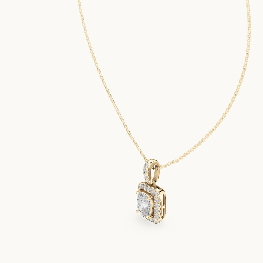 Cushion-cut and round lab-grown diamond halo drop pendant in yellow gold, 3.77 CT TW, view 2