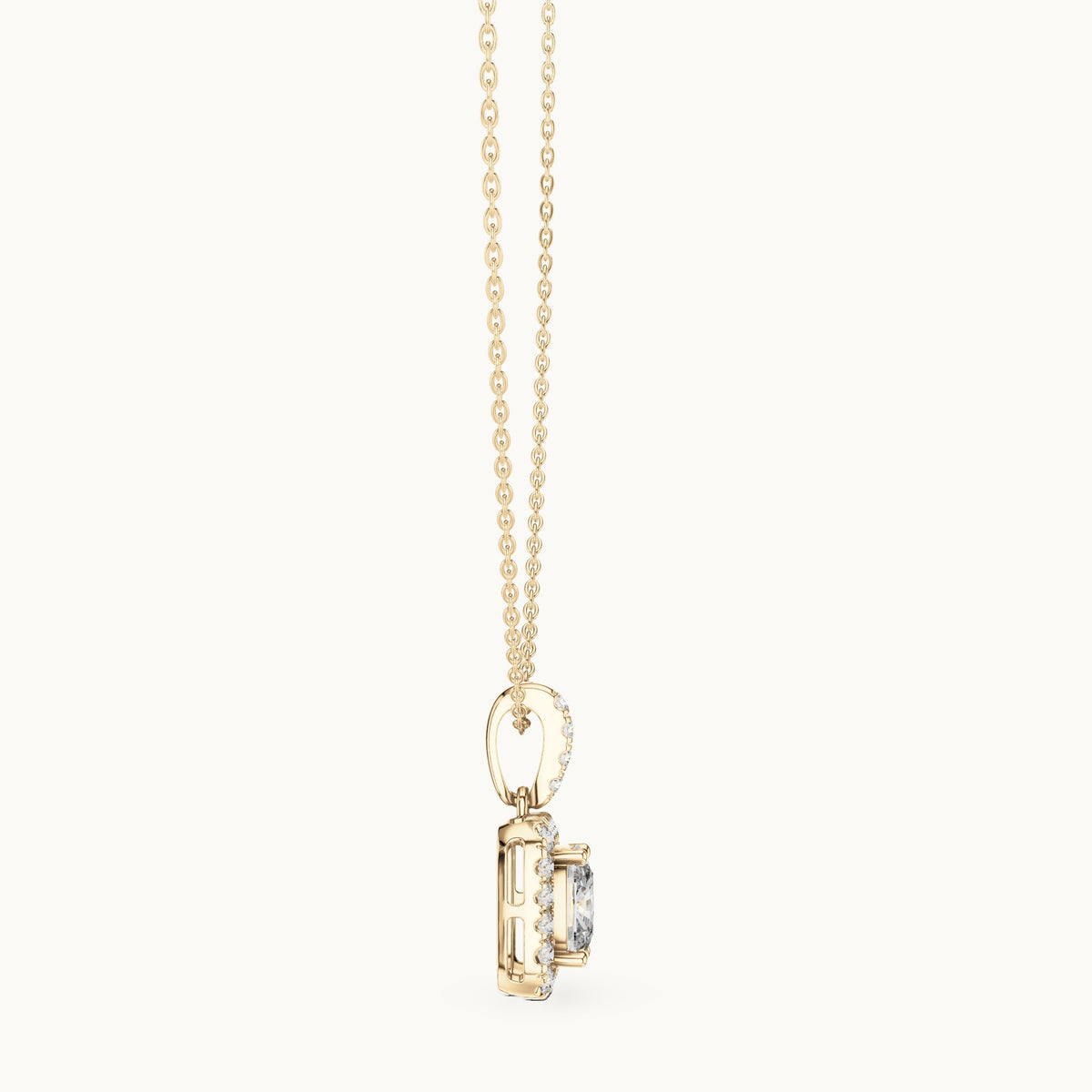 Cushion-cut and round lab-grown diamond halo drop pendant in yellow gold, 3.77 CT TW, view 3