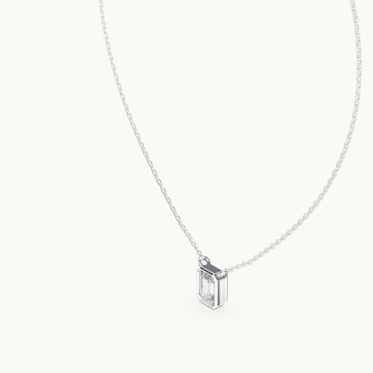 Emerald-cut lab-grown diamond bezel solitaire pendant in white gold, 1.50 CT TW, view 2