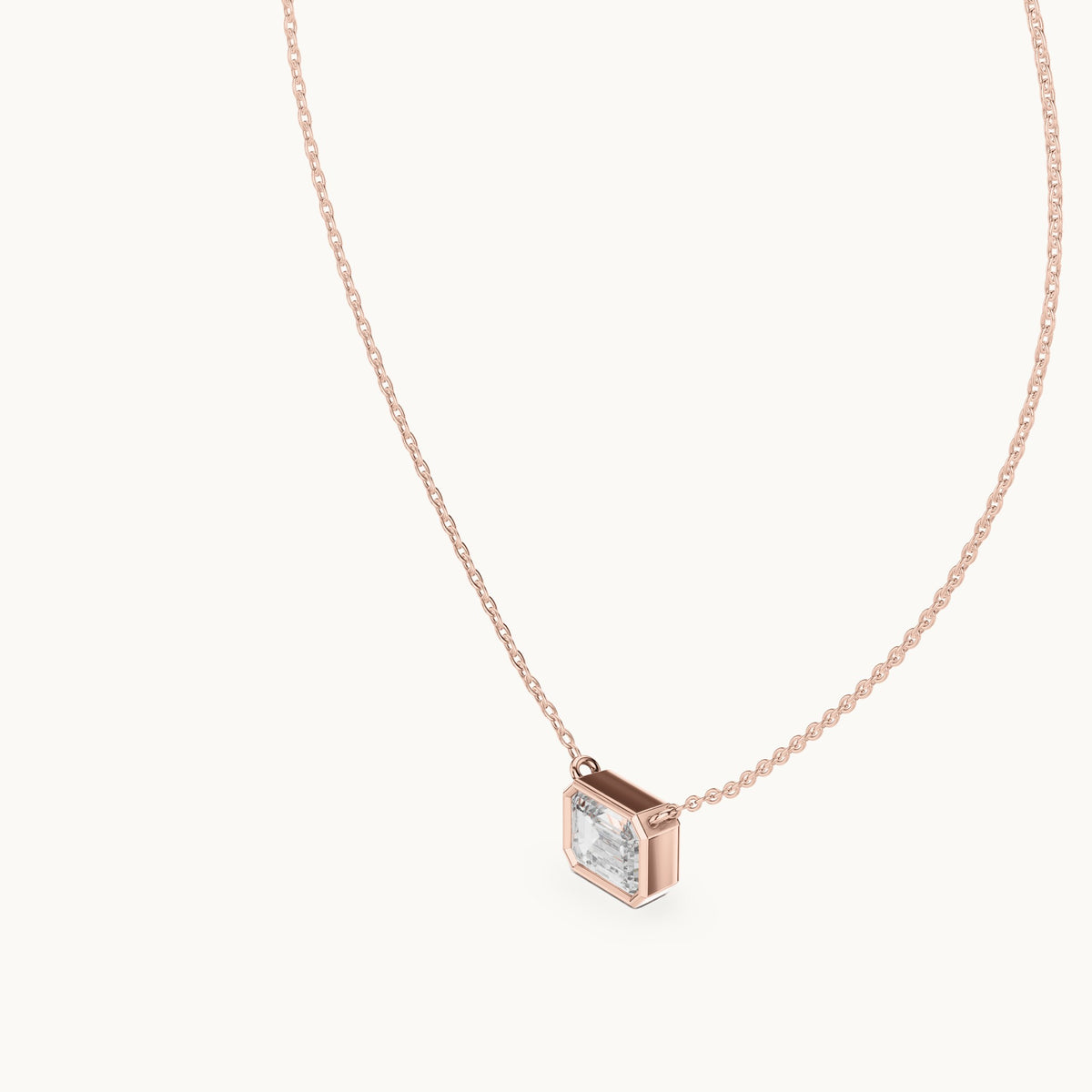 Emerald-cut lab-grown diamond east-west bezel solitaire pendant in rose gold, 2.50 CT TW, view 2