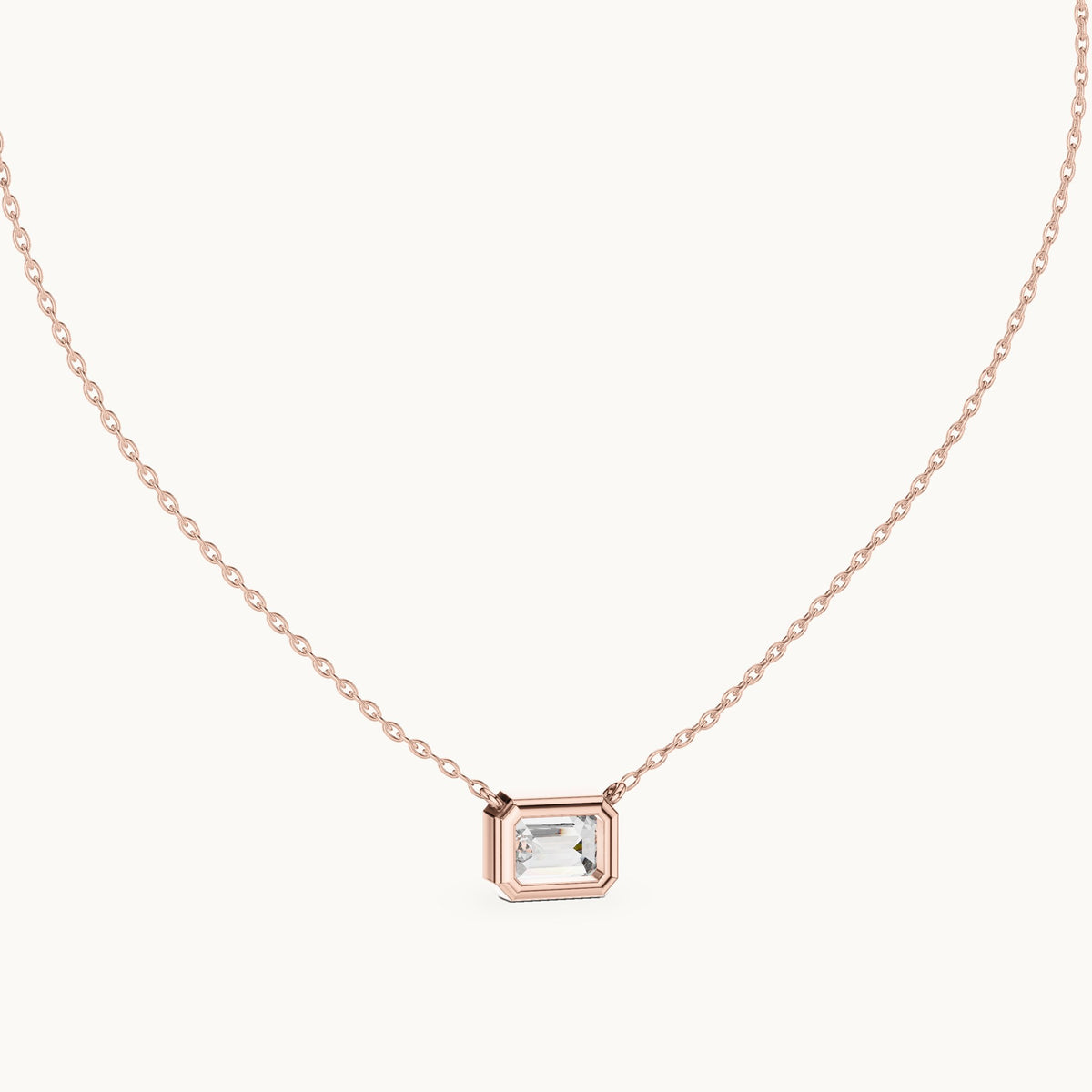 Emerald-cut lab-grown diamond east-west bezel solitaire pendant in rose gold, 2.50 CT TW, view 4