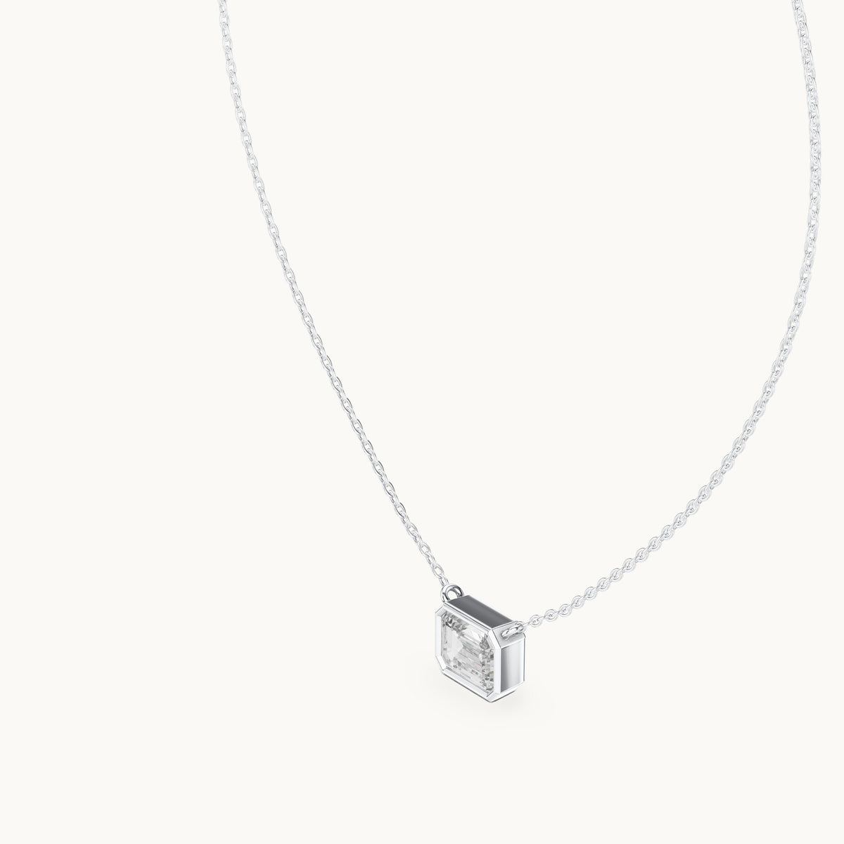 Emerald-cut lab-grown diamond east-west bezel solitaire pendant in white gold, 2.50 CT TW, view 2