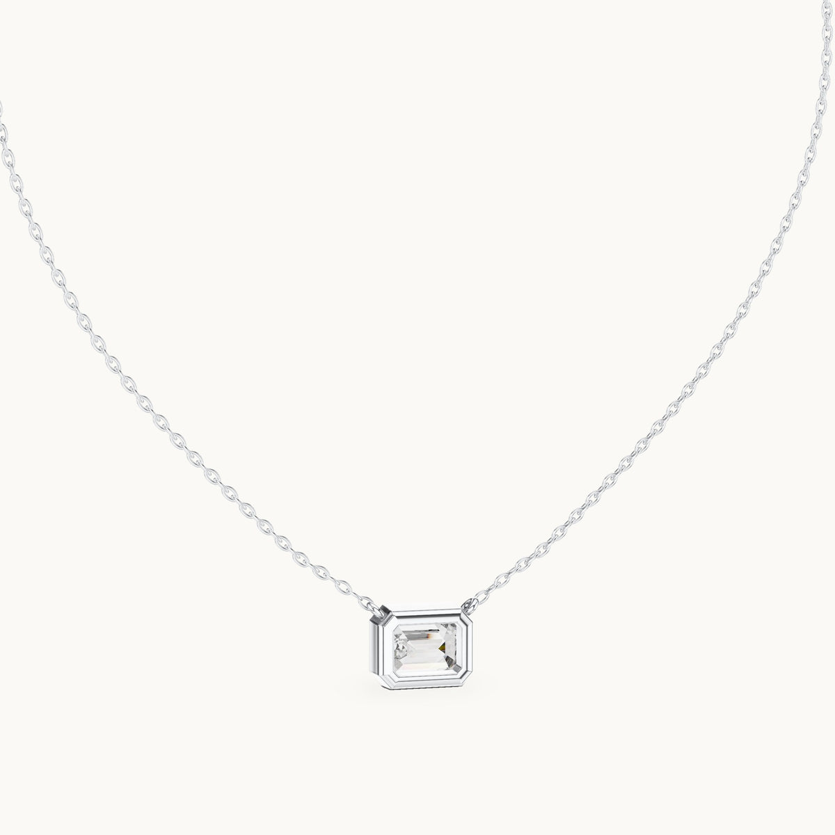 Emerald-cut lab-grown diamond east-west bezel solitaire pendant in white gold, 2.50 CT TW, view 4