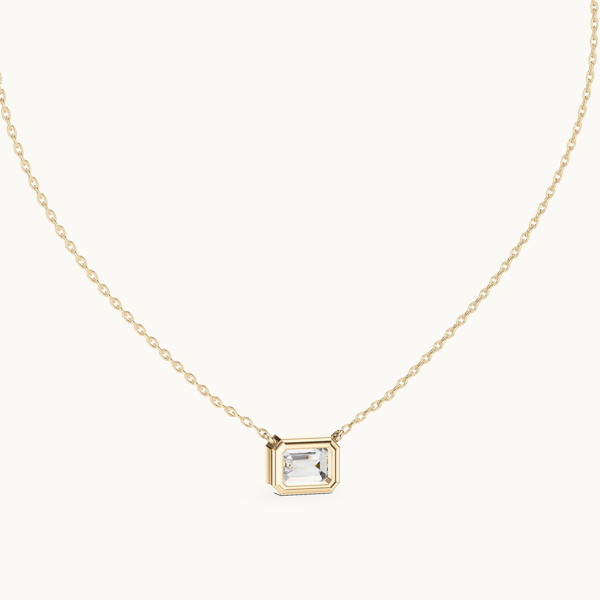 Emerald-cut lab-grown diamond east-west bezel solitaire pendant in yellow gold, 2.50 CT TW, view 4