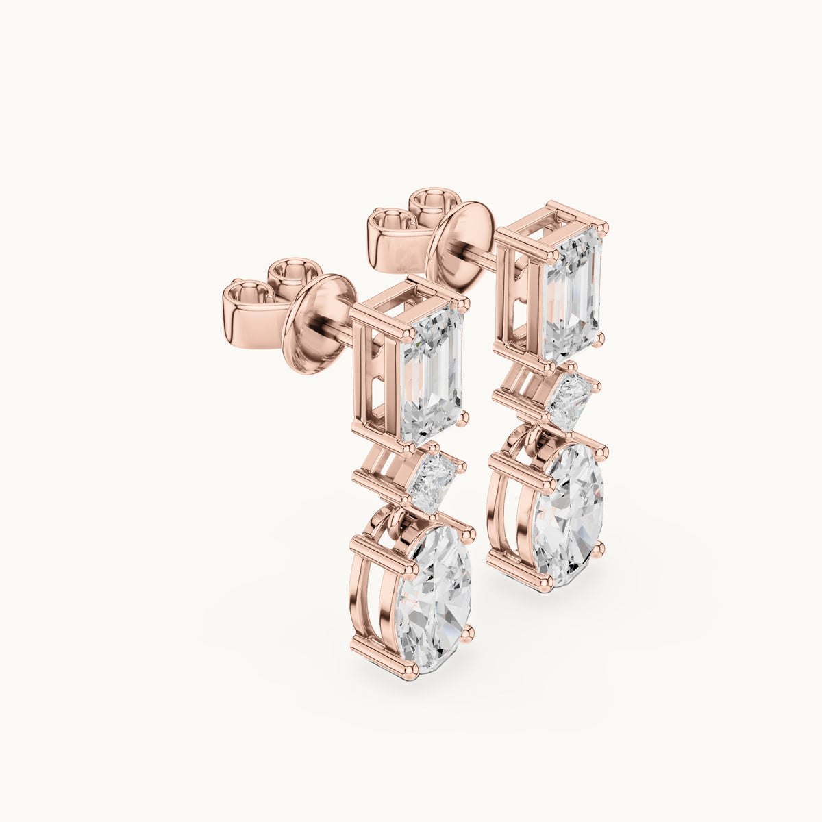 Oval, emerald-cut and princess-cut lab-grown diamond linear drop earrings in rose gold, 3.12 CT TW, view 1