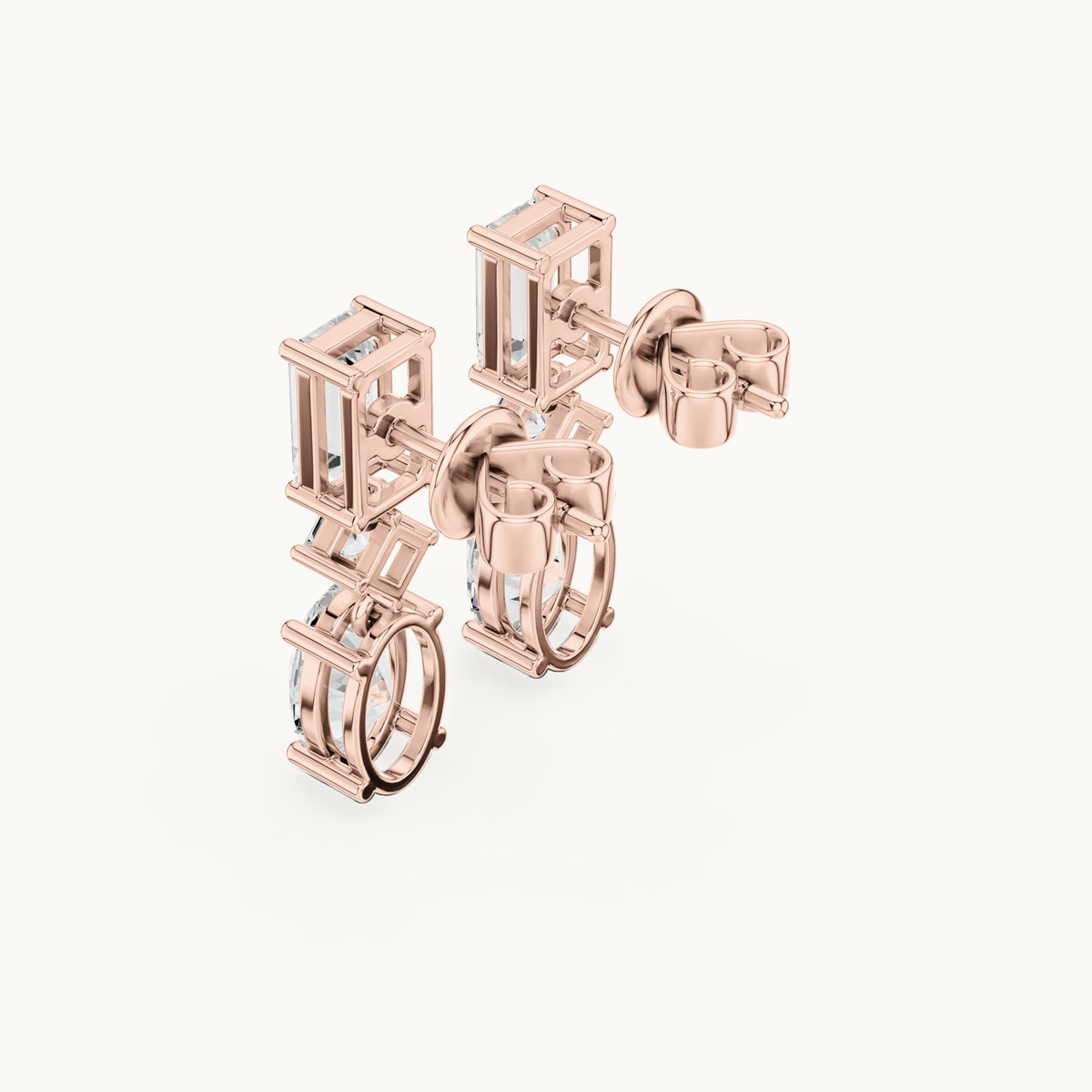 Oval, emerald-cut and princess-cut lab-grown diamond linear drop earrings in rose gold, 3.12 CT TW, view 2