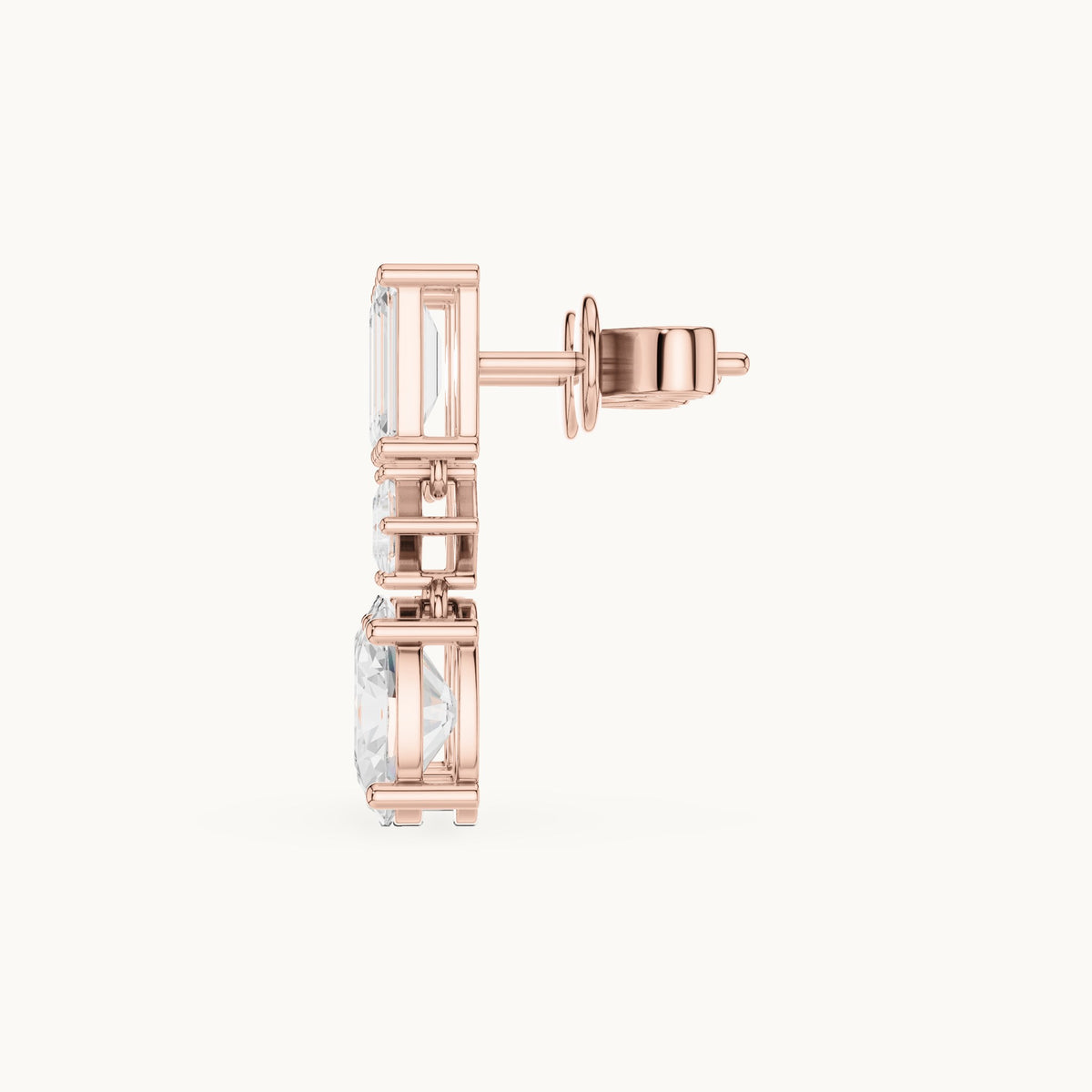 Oval, emerald-cut and princess-cut lab-grown diamond linear drop earrings in rose gold, 3.12 CT TW, view 3