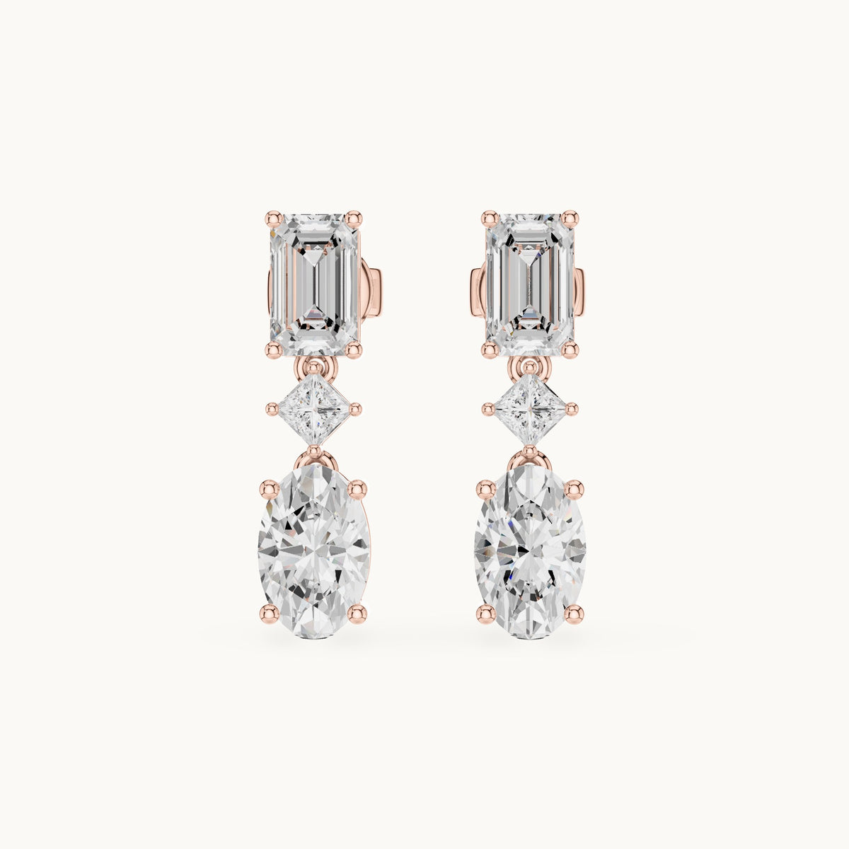 Oval, emerald-cut and princess-cut lab-grown diamond linear drop earrings in rose gold, 3.12 CT TW, view 4
