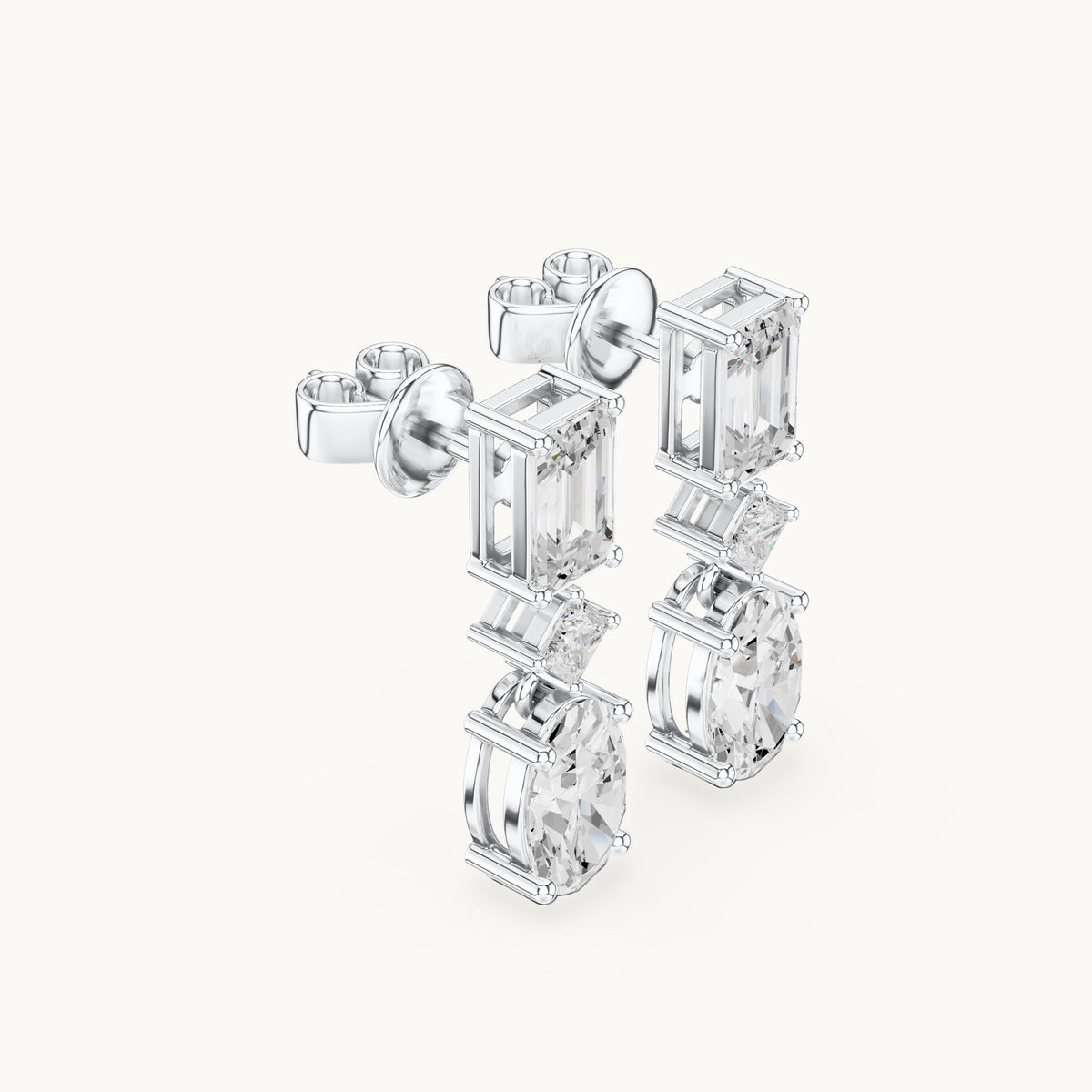 Oval, emerald-cut and princess-cut lab-grown diamond linear drop earrings in white gold, 3.12 CT TW, view 1