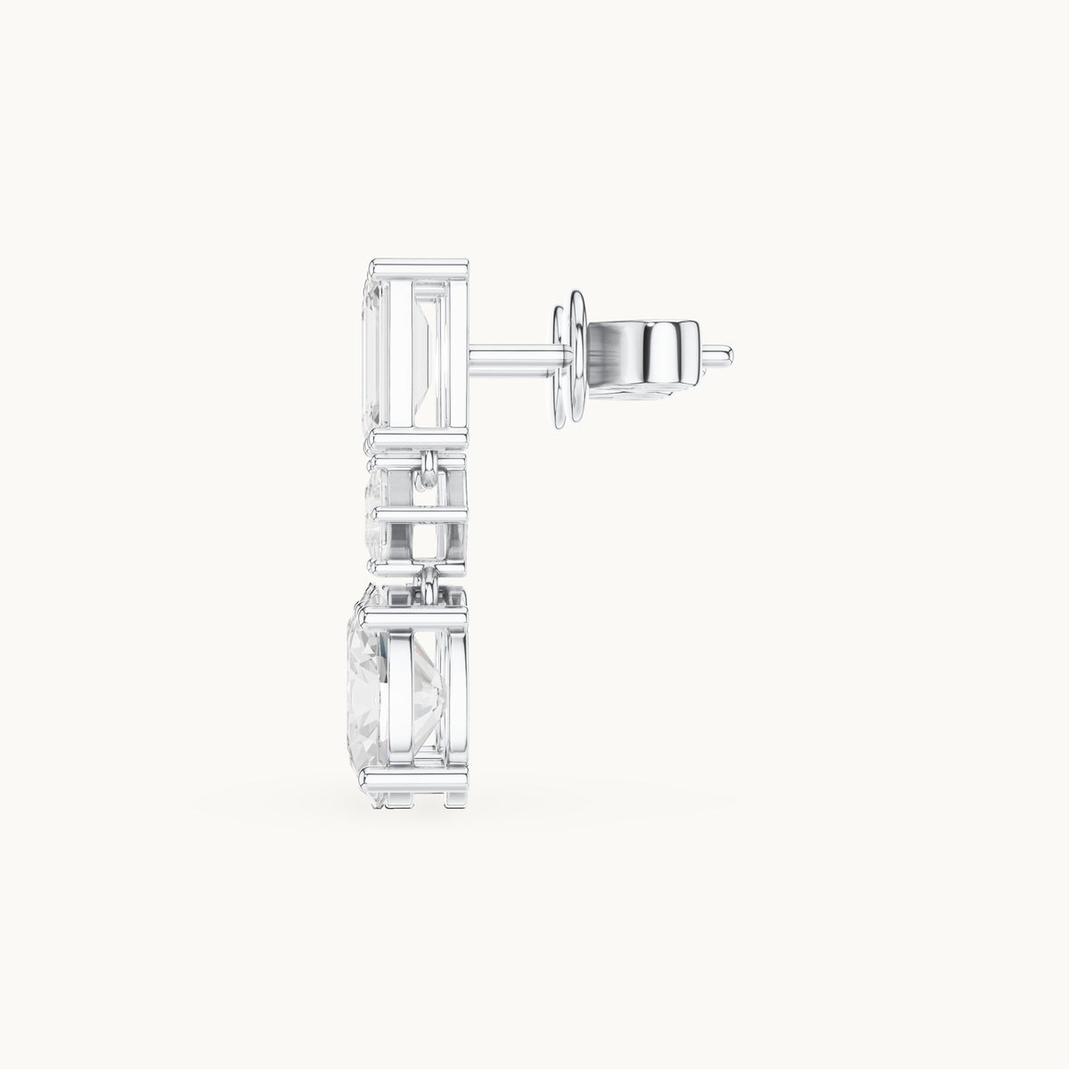 Oval, emerald-cut and princess-cut lab-grown diamond linear drop earrings in white gold, 3.12 CT TW, view 3