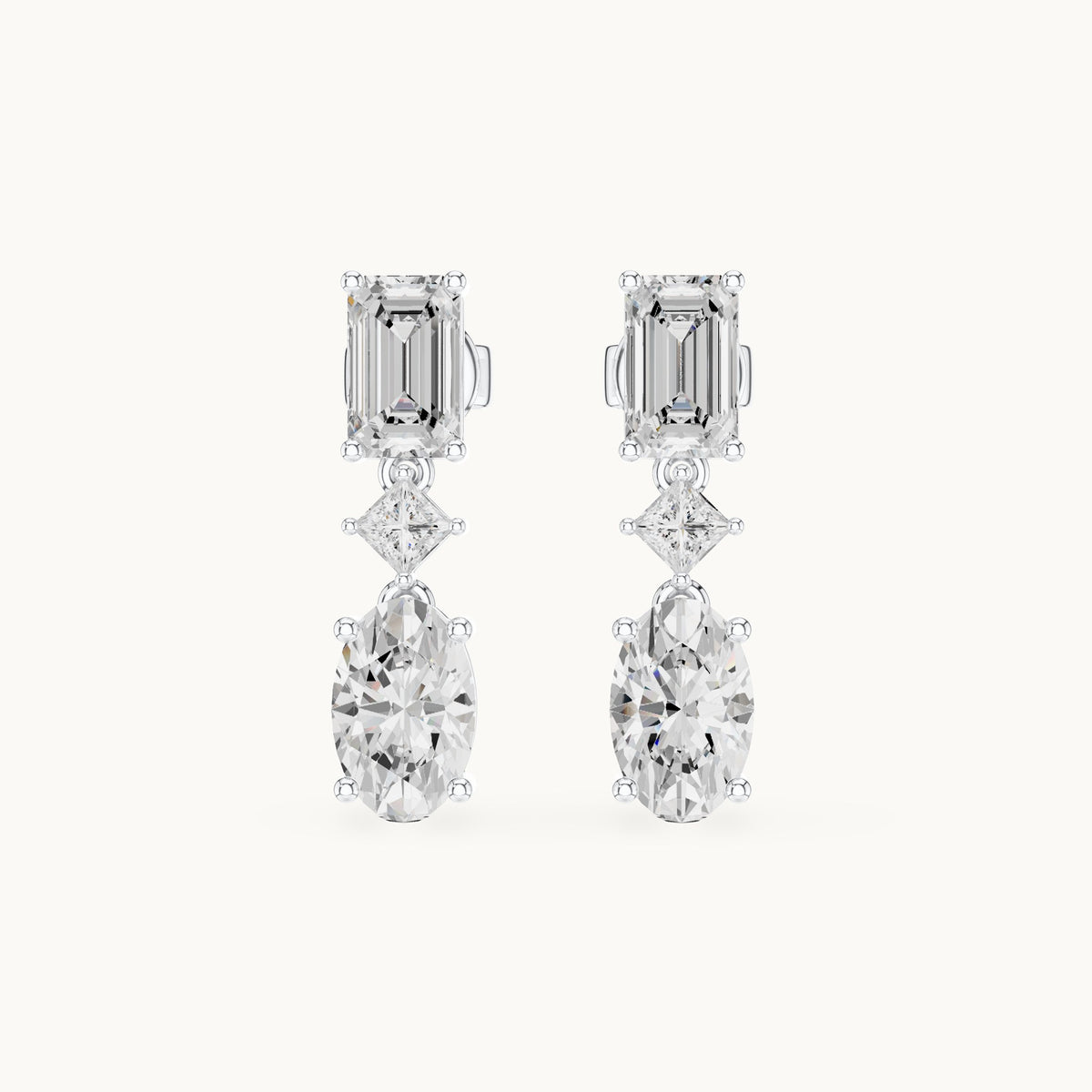 Oval, emerald-cut and princess-cut lab-grown diamond linear drop earrings in white gold, 3.12 CT TW, view 4