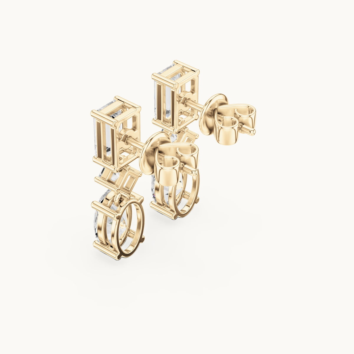 Oval, emerald-cut and princess-cut lab-grown diamond linear drop earrings in yellow gold, 3.12 CT TW, view 2