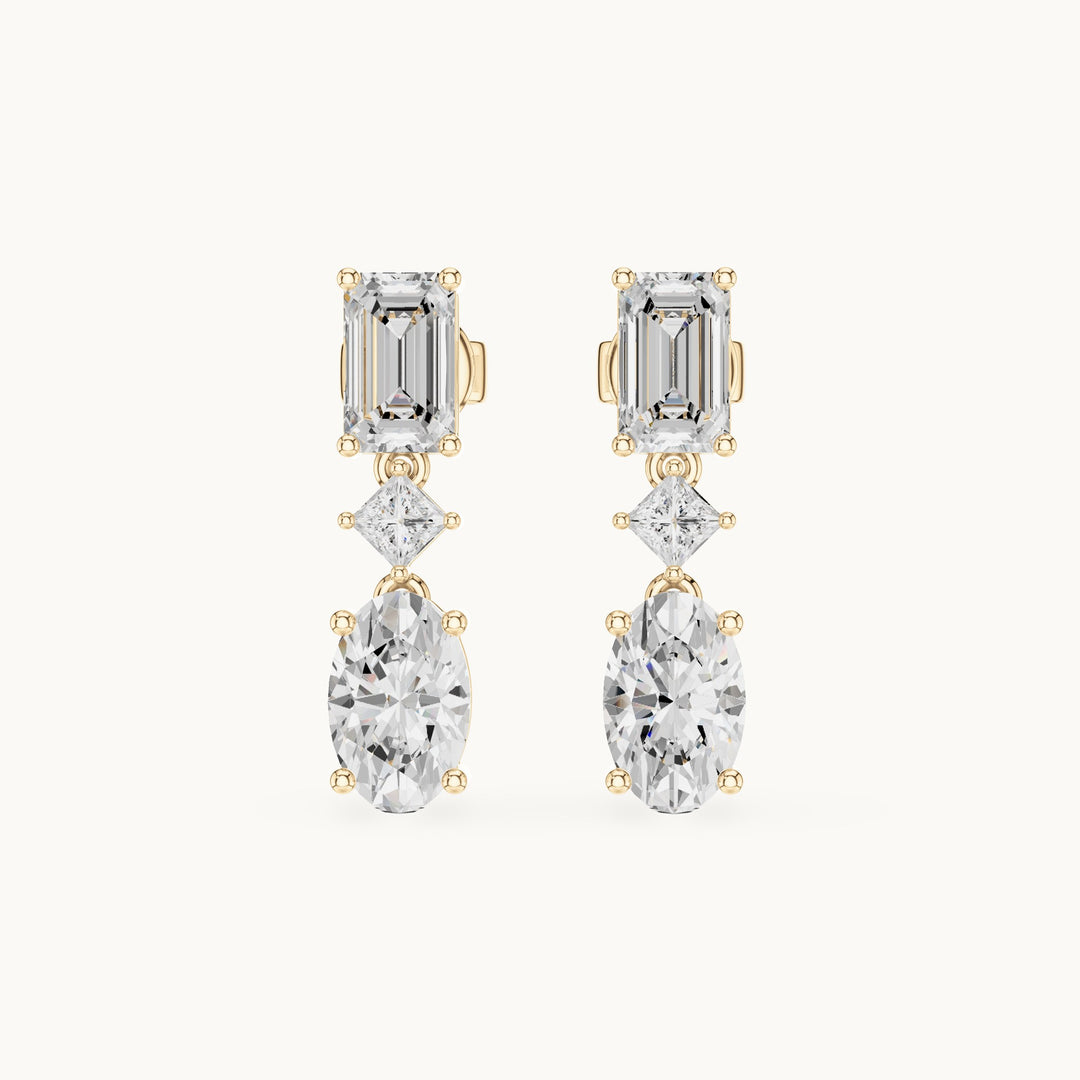 Oval, emerald-cut and princess-cut lab-grown diamond linear drop earrings in yellow gold, 3.12 CT TW, view 4