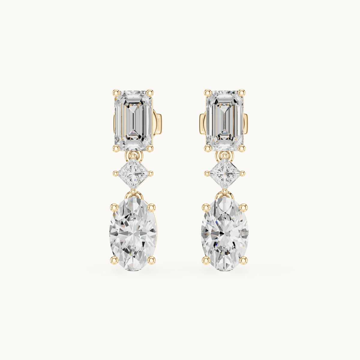 Oval, emerald-cut and princess-cut lab-grown diamond linear drop earrings in yellow gold, 3.12 CT TW, view 4