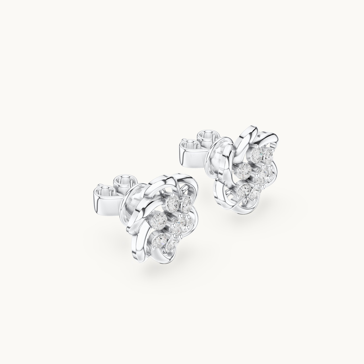 Round lab-grown diamond flower stud earrings in 14K white gold, 0.39 CT TW, view 1