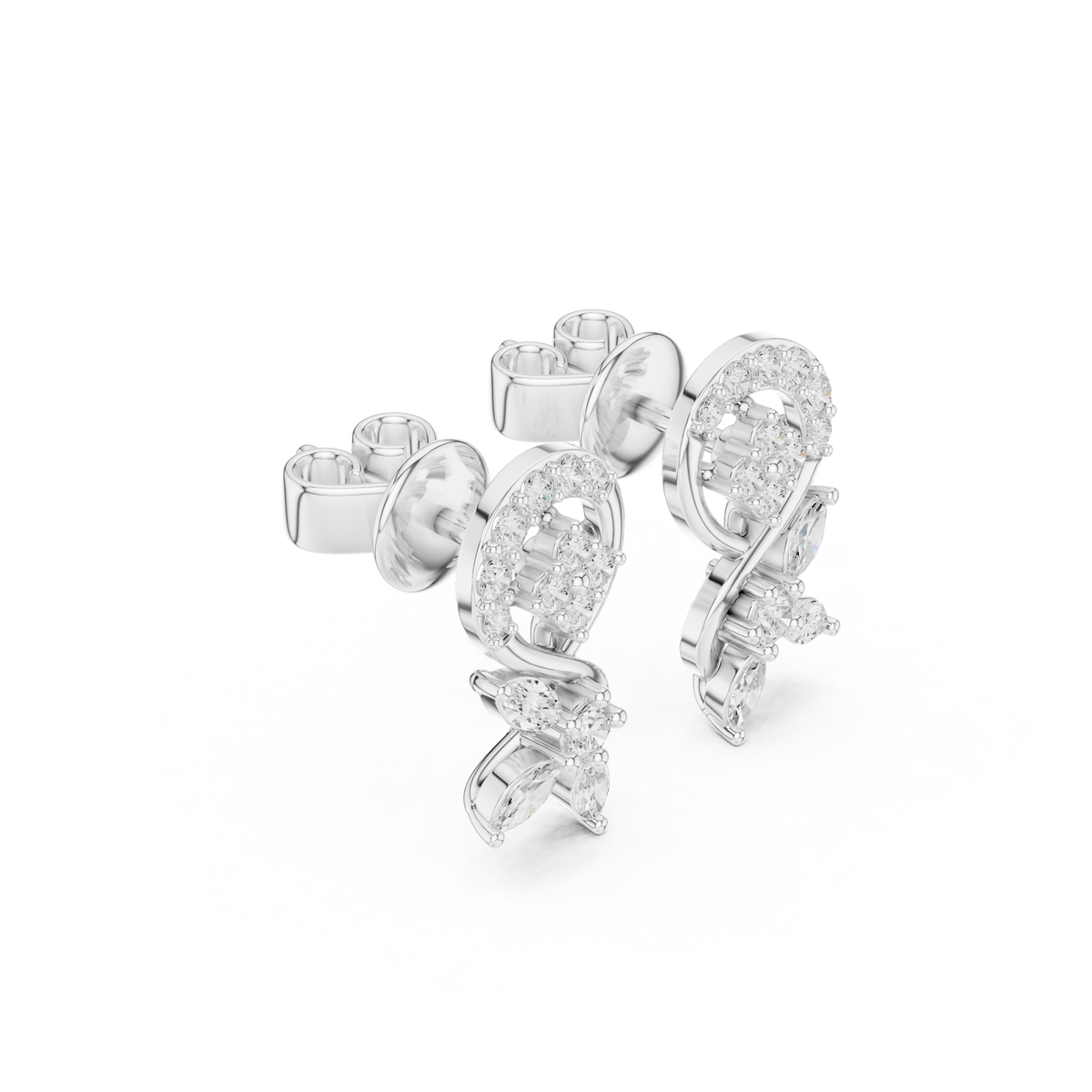 Round and marquise lab-grown diamond swirl stud earrings in white gold, 0.40 CT TW, view 1