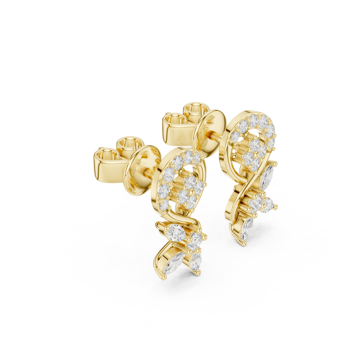 Round and marquise lab-grown diamond swirl stud earrings in yellow gold, 0.40 CT TW, view 1