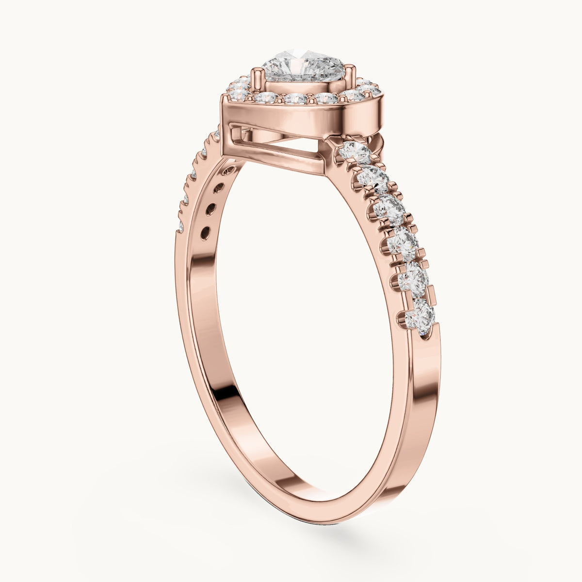 Heart lab-grown diamond halo engagement ring with pavé shoulders in rose gold, 0.52 CT TW, view 1