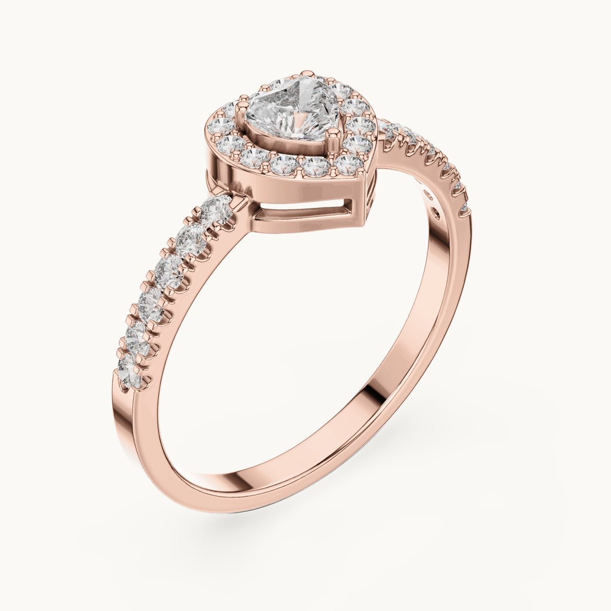 Heart lab-grown diamond halo engagement ring with pavé shoulders in rose gold, 0.52 CT TW, view 2