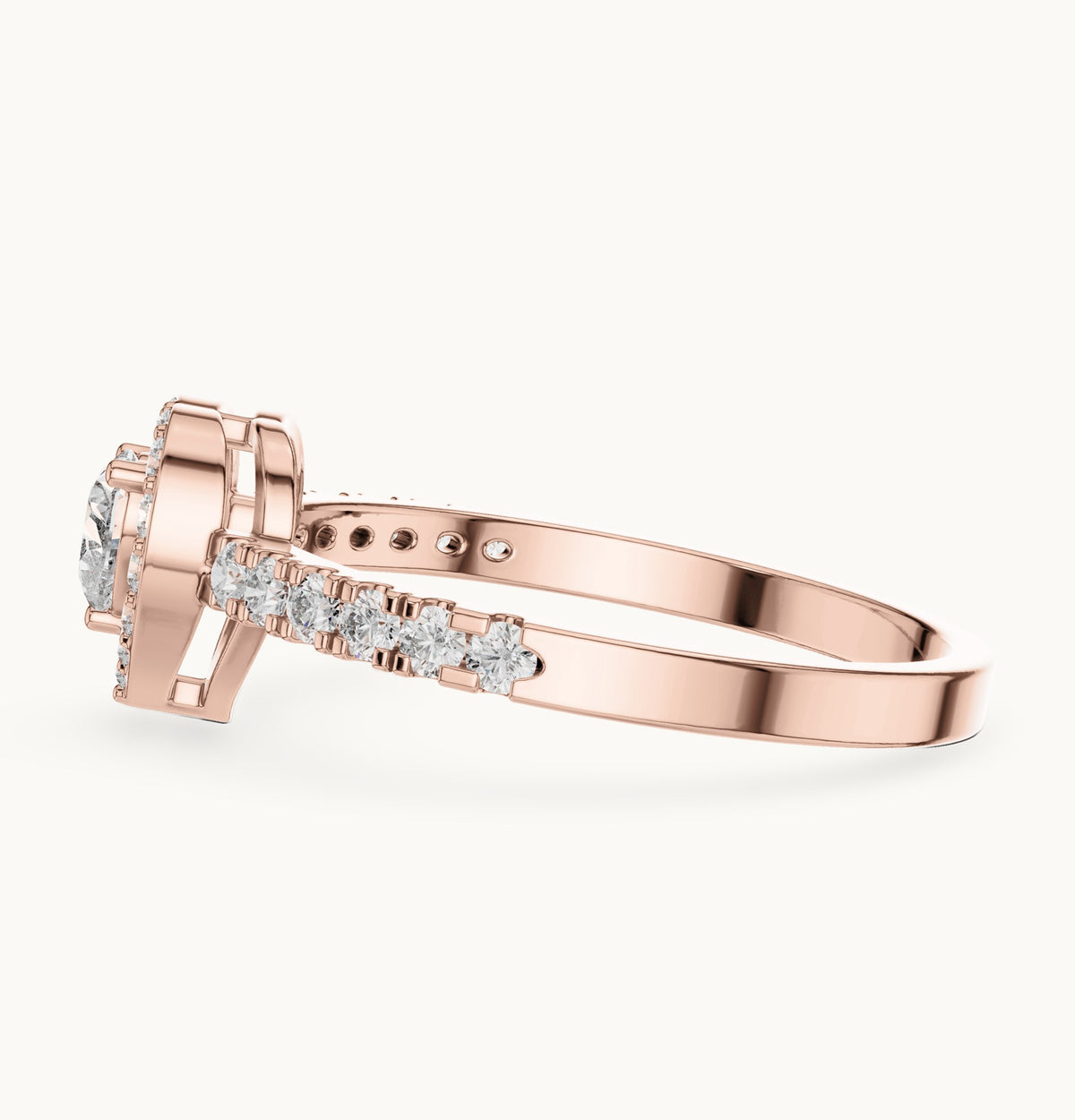 Heart lab-grown diamond halo engagement ring with pavé shoulders in rose gold, 0.52 CT TW, view 3