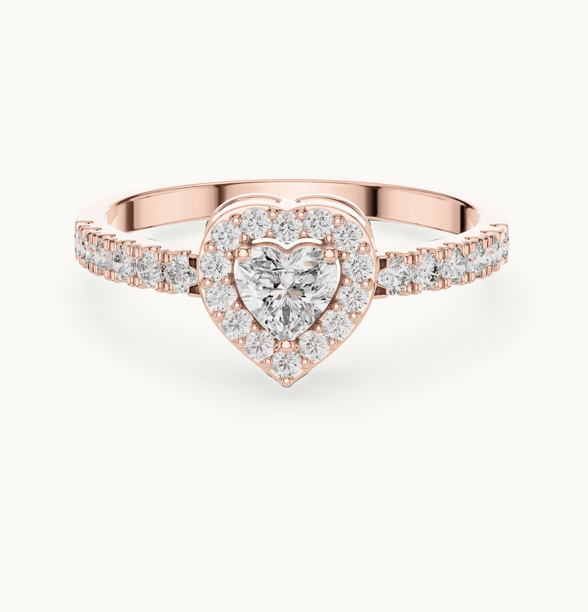 Heart lab-grown diamond halo engagement ring with pavé shoulders in rose gold, 0.52 CT TW, view 4