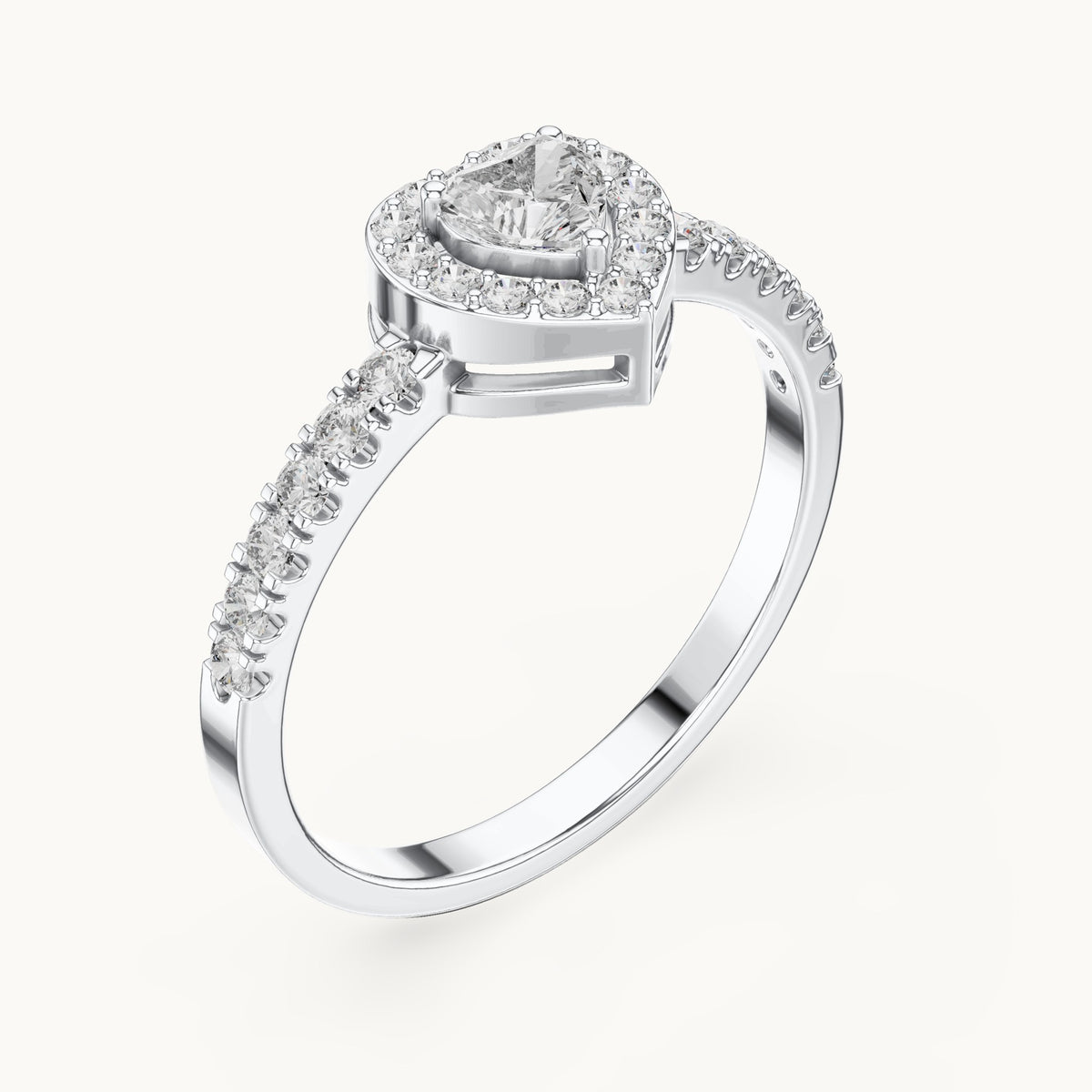 Heart lab-grown diamond halo engagement ring with pavé shoulders in white gold, 0.52 CT TW, view 2