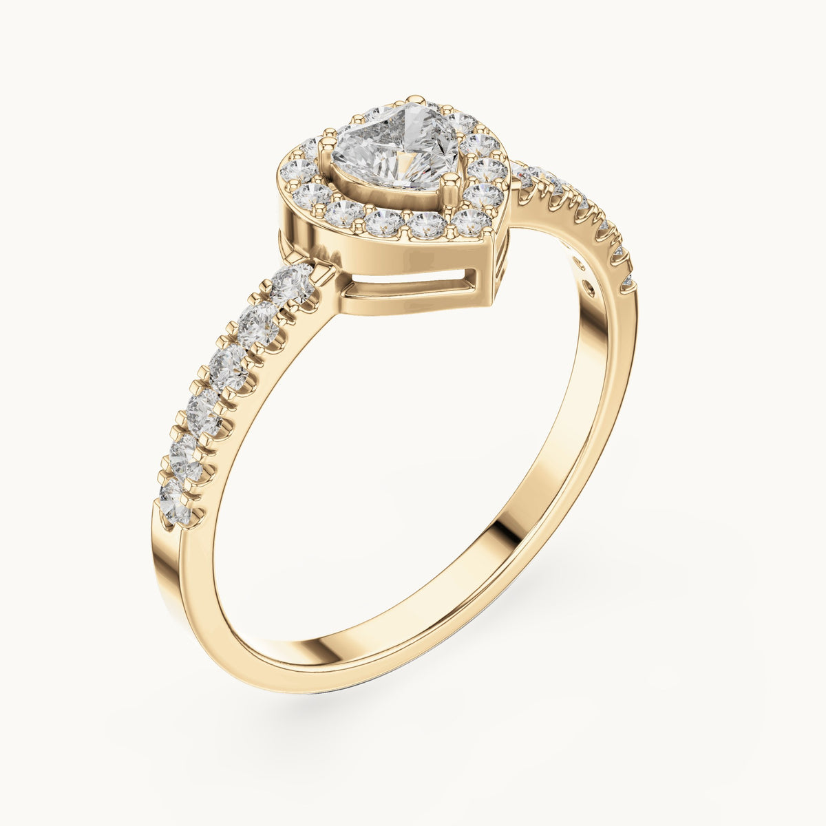 Heart lab-grown diamond halo engagement ring with pavé shoulders in yellow gold, 0.52 CT TW, view 2