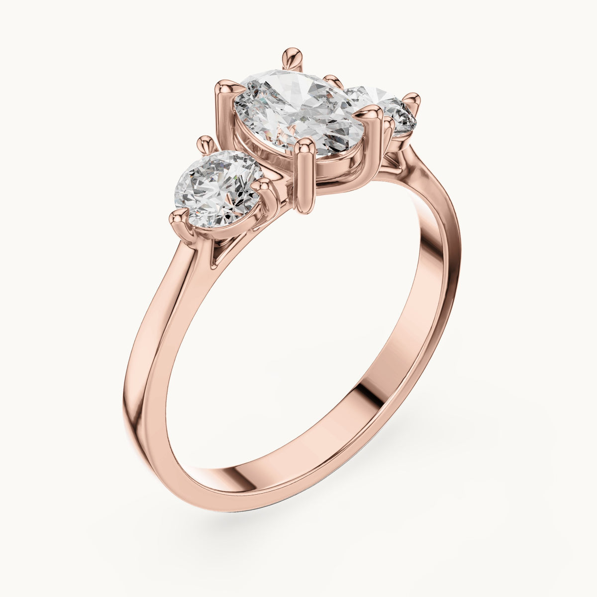 Oval lab-grown diamond three-stone engagement ring in rose gold, 1.28 CT TW, view 2