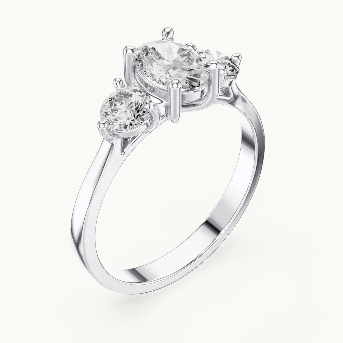 Oval lab-grown diamond three-stone engagement ring in white gold, 1.28 CT TW, view 2