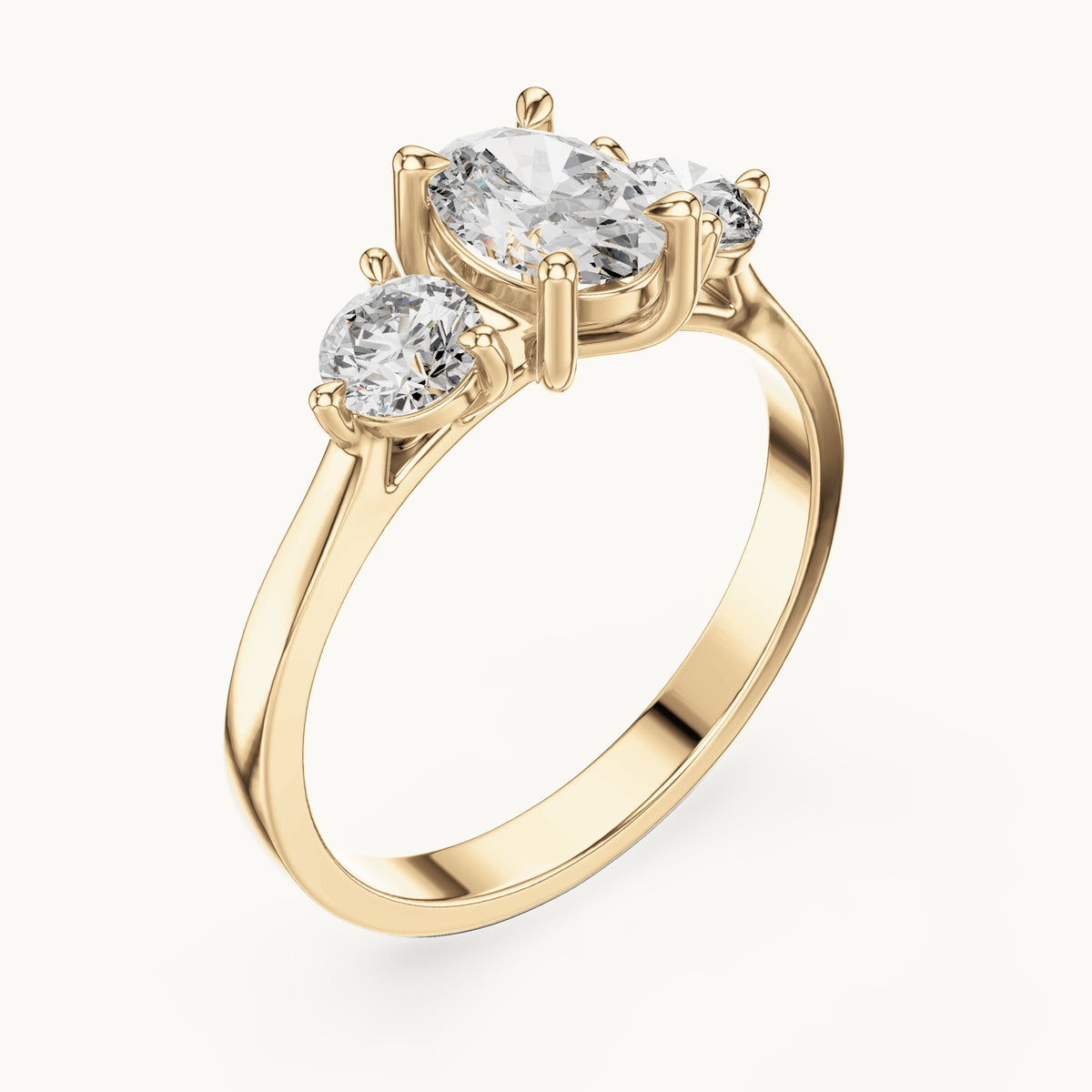 Oval lab-grown diamond three-stone engagement ring in yellow gold, 1.28 CT TW, view 2