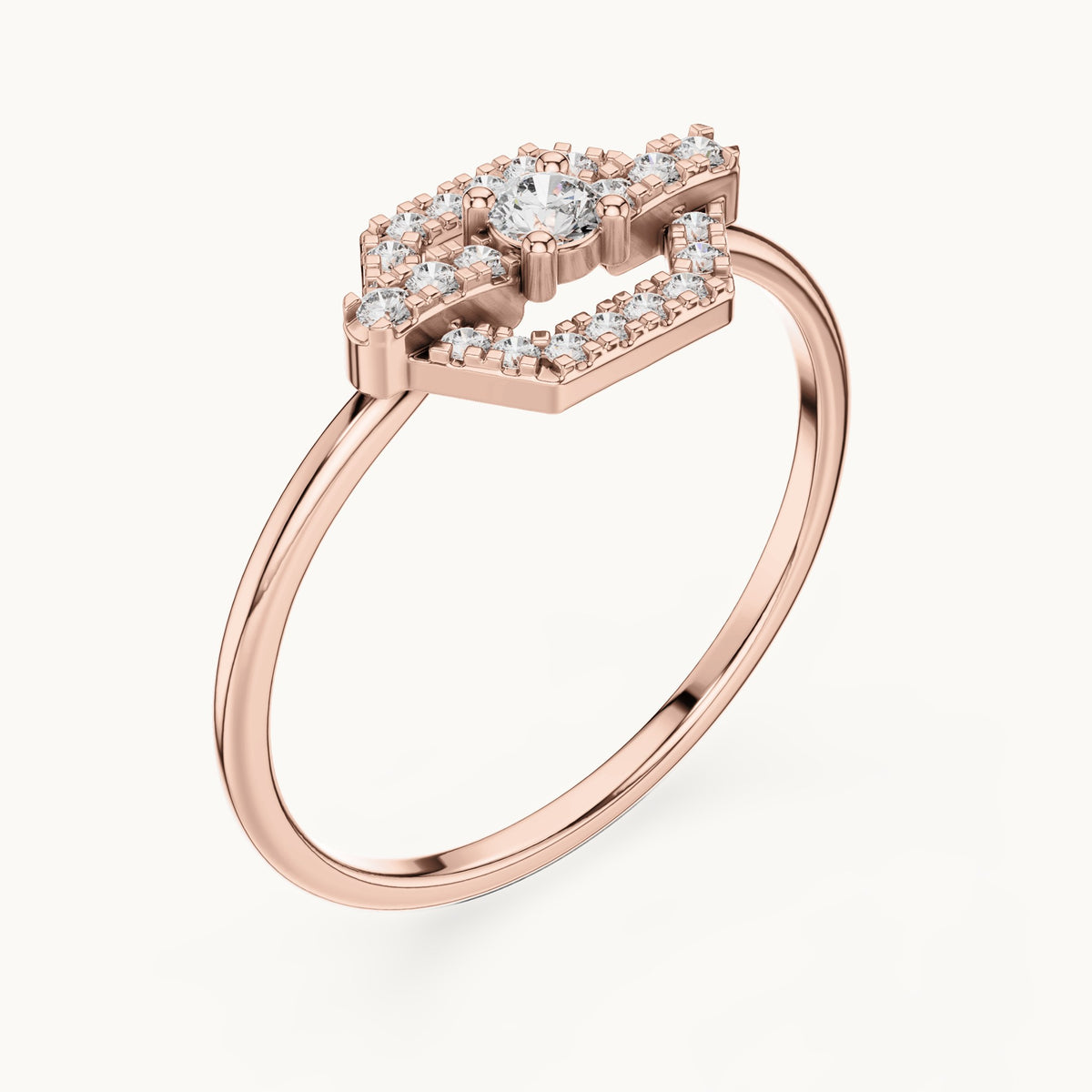 Round lab-grown diamond hexagon halo ring in rose gold, 0.19 CT TW, view 2