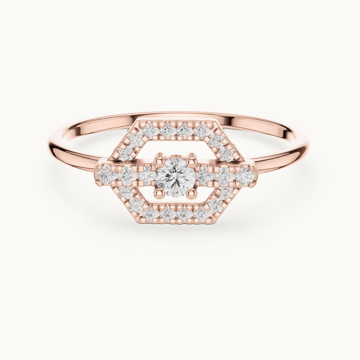 Round lab-grown diamond hexagon halo ring in rose gold, 0.19 CT TW, view 4