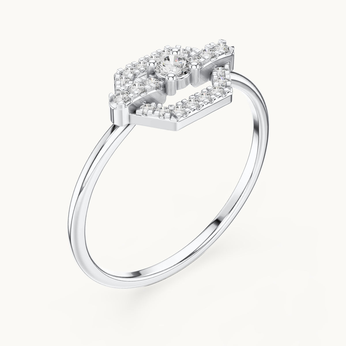 Round lab-grown diamond hexagon halo ring in white gold, 0.19 CT TW, view 2
