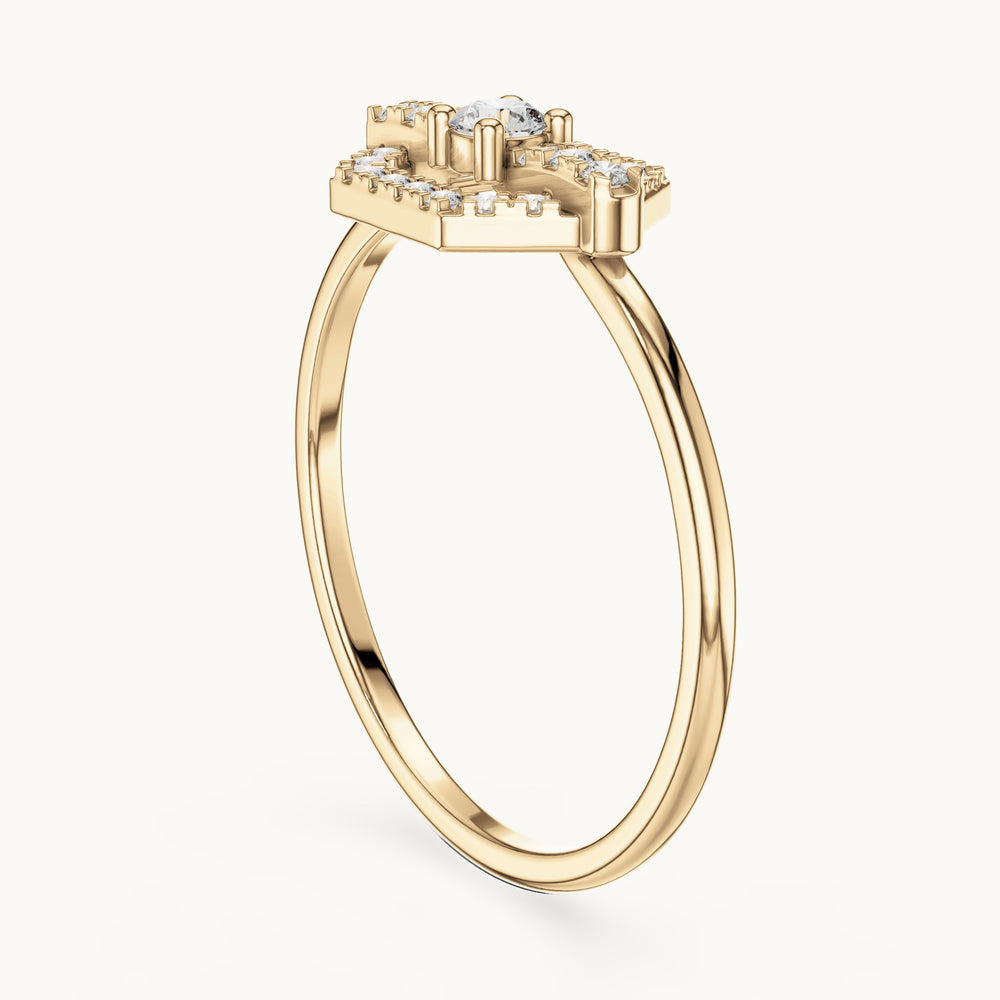 Round lab-grown diamond hexagon halo ring in yellow gold, 0.19 CT TW, view 1