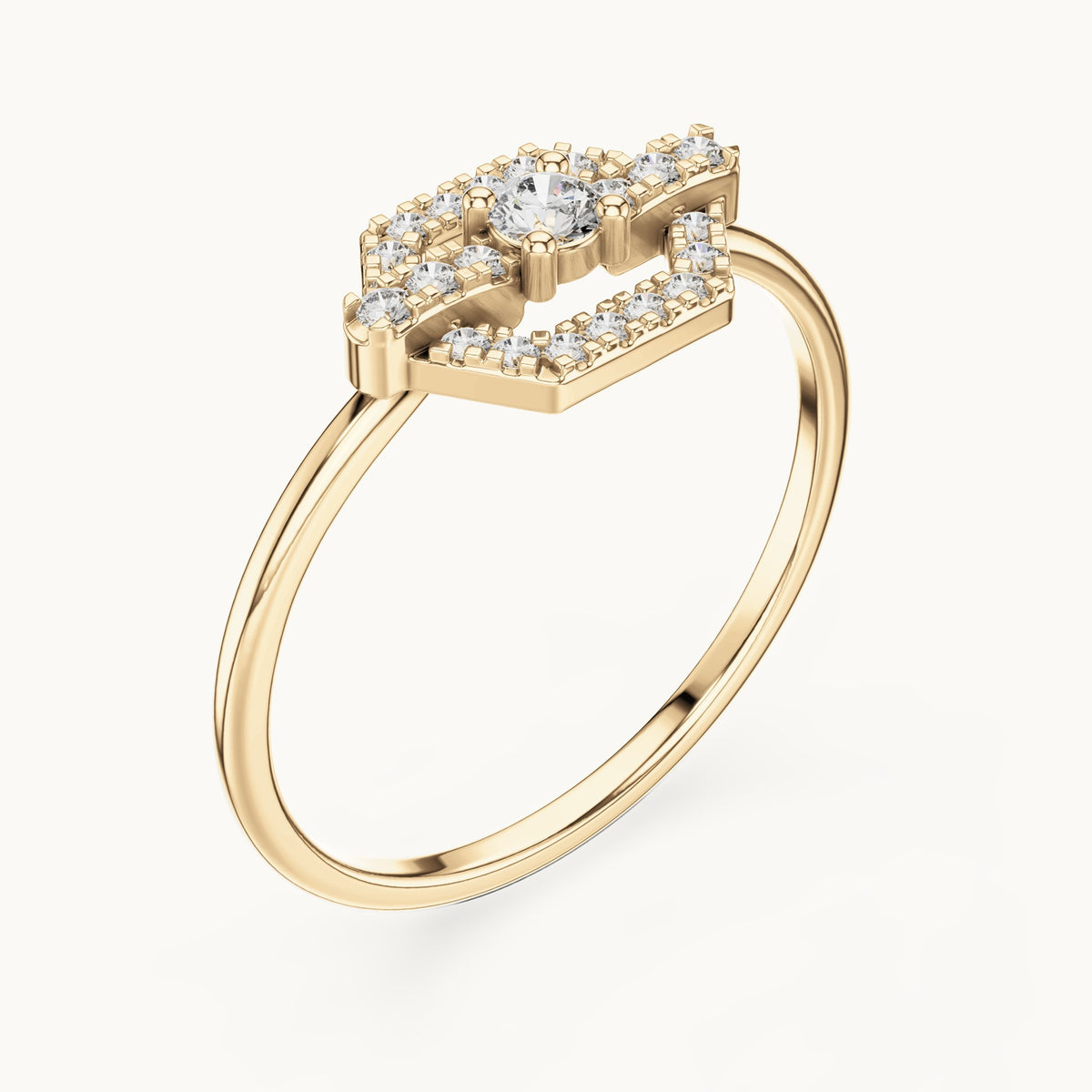 Round lab-grown diamond hexagon halo ring in yellow gold, 0.19 CT TW, view 2