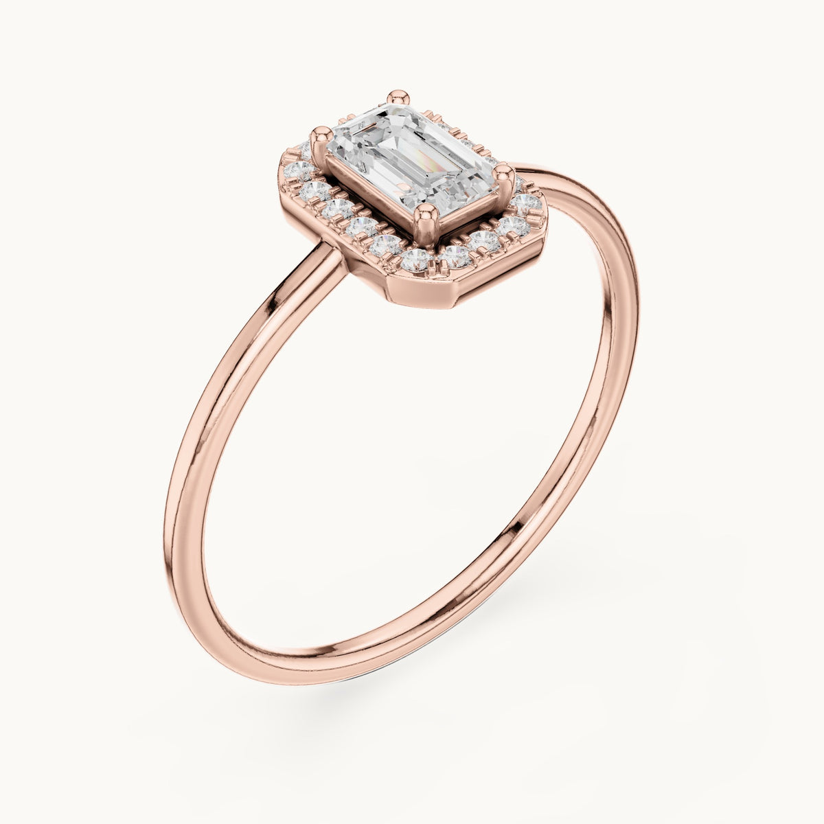 Emerald-cut lab-grown diamond petite halo engagement ring in rose gold, 0.34 CT TW, view 2