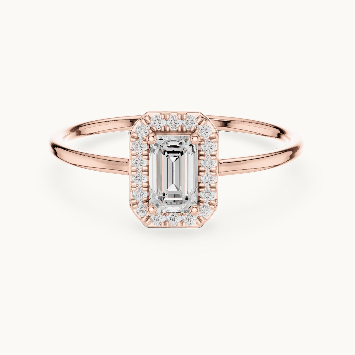 Emerald-cut lab-grown diamond petite halo engagement ring in rose gold, 0.34 CT TW, view 4