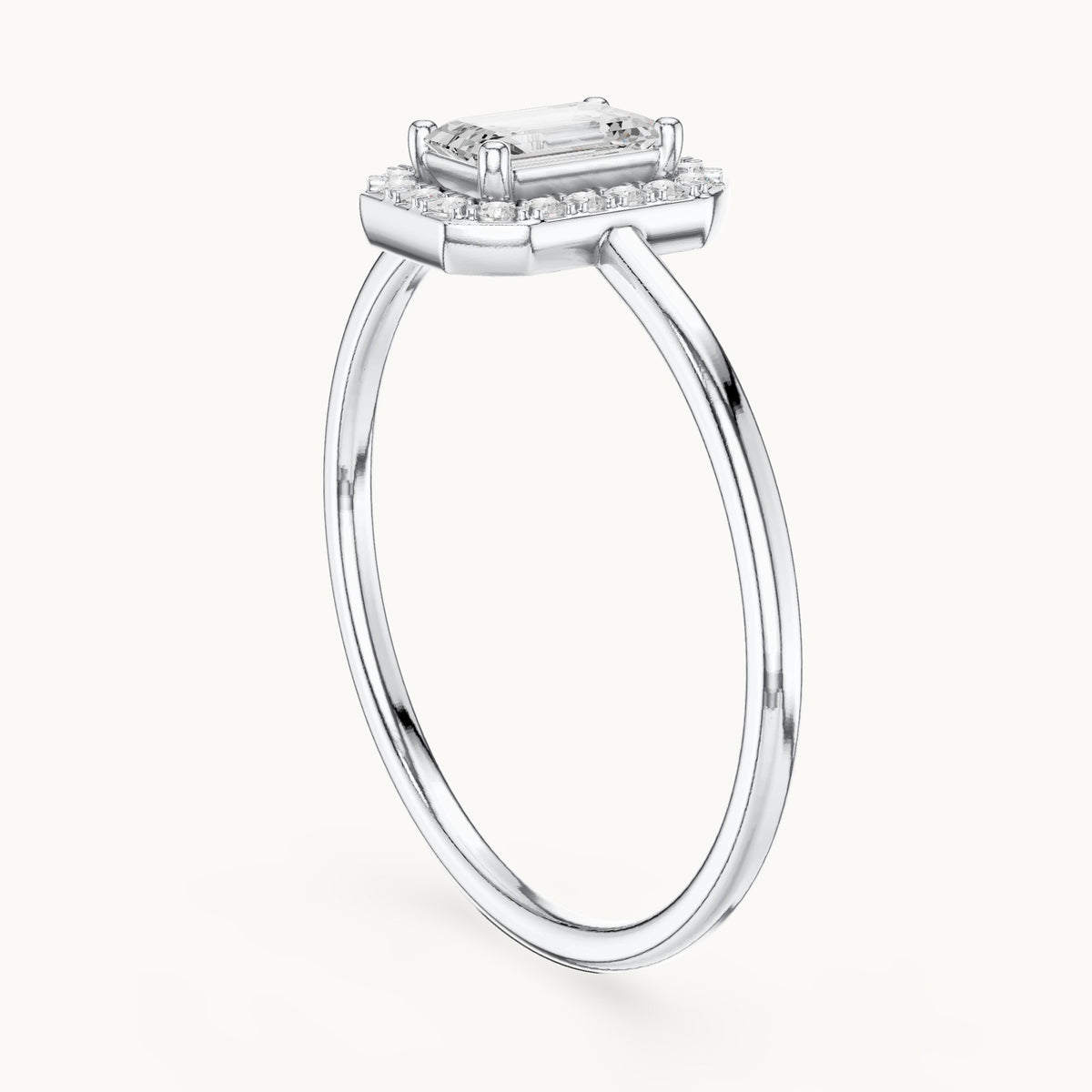 Emerald-cut lab-grown diamond petite halo engagement ring in white gold, 0.34 CT TW, view 1