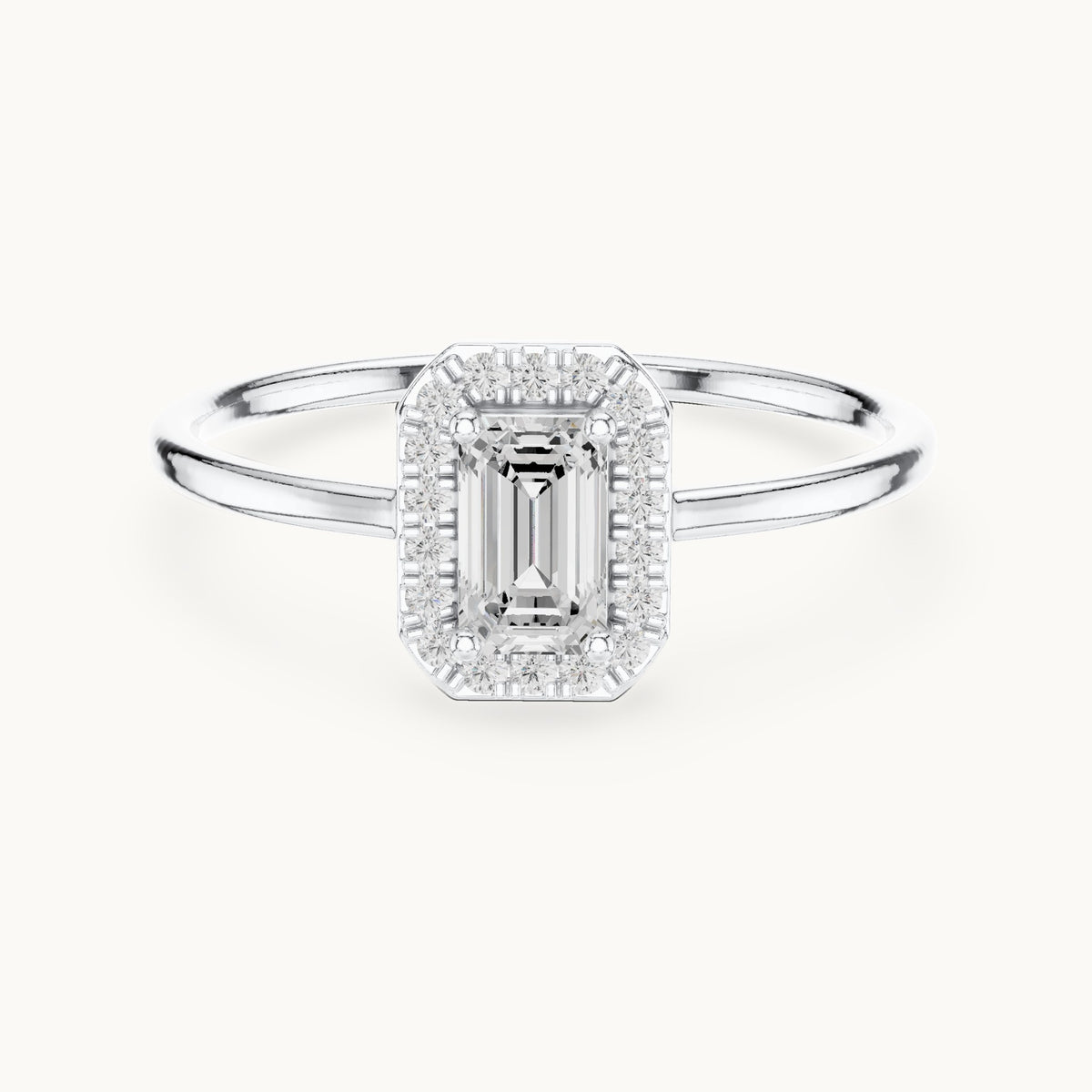 Emerald-cut lab-grown diamond petite halo engagement ring in white gold, 0.34 CT TW, view 4