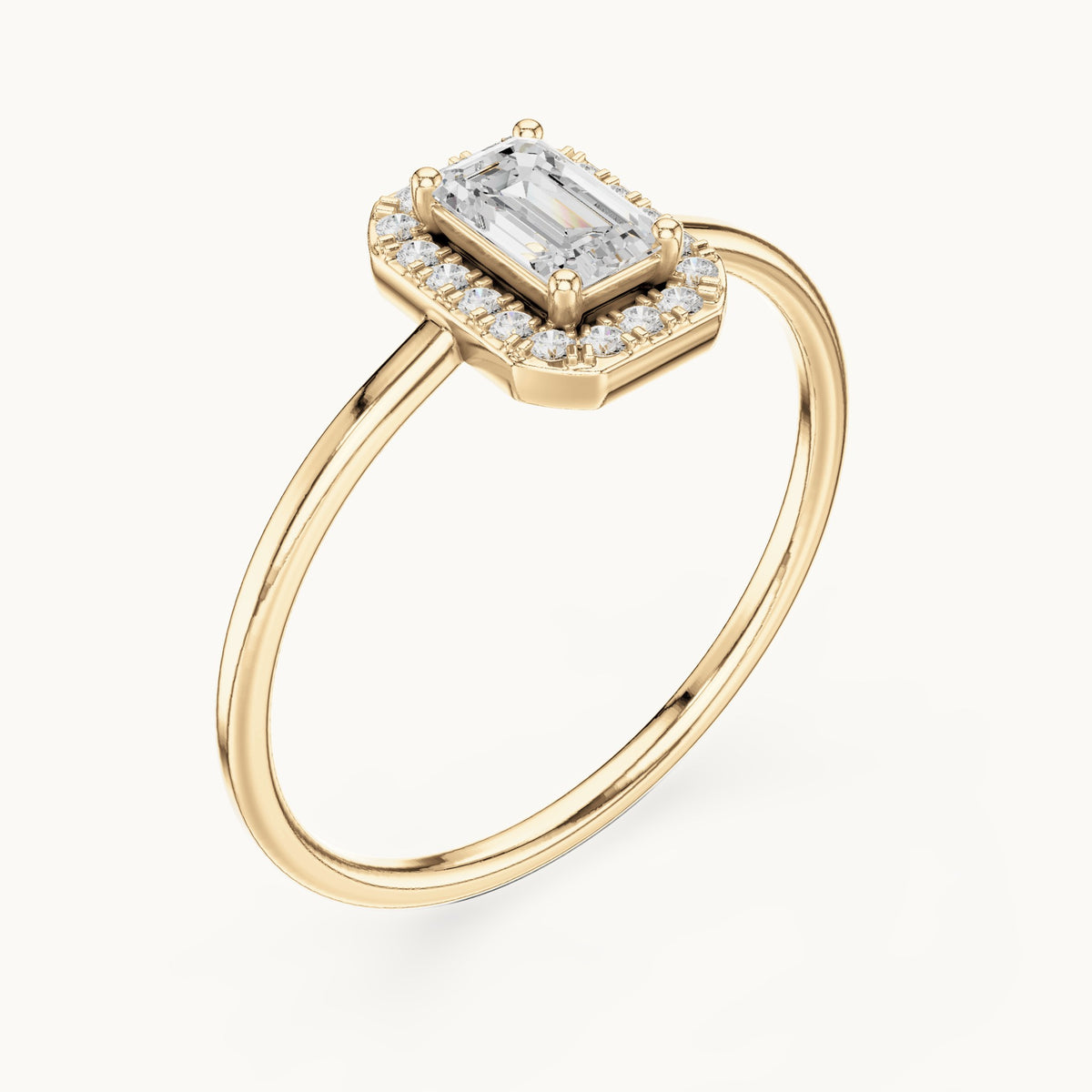 Emerald-cut lab-grown diamond petite halo engagement ring in yellow gold, 0.34 CT TW, view 2