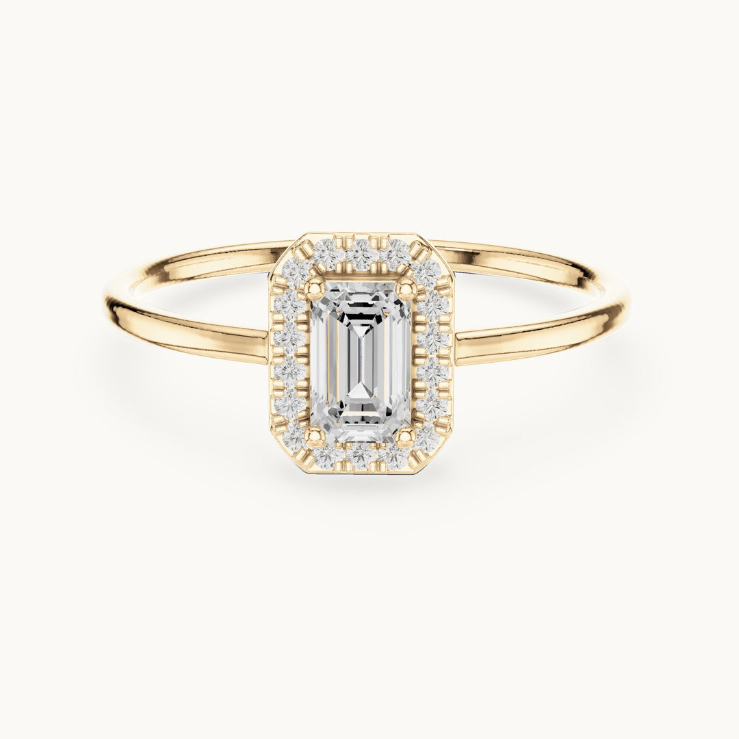 Emerald-cut lab-grown diamond petite halo engagement ring in yellow gold, 0.34 CT TW, view 4