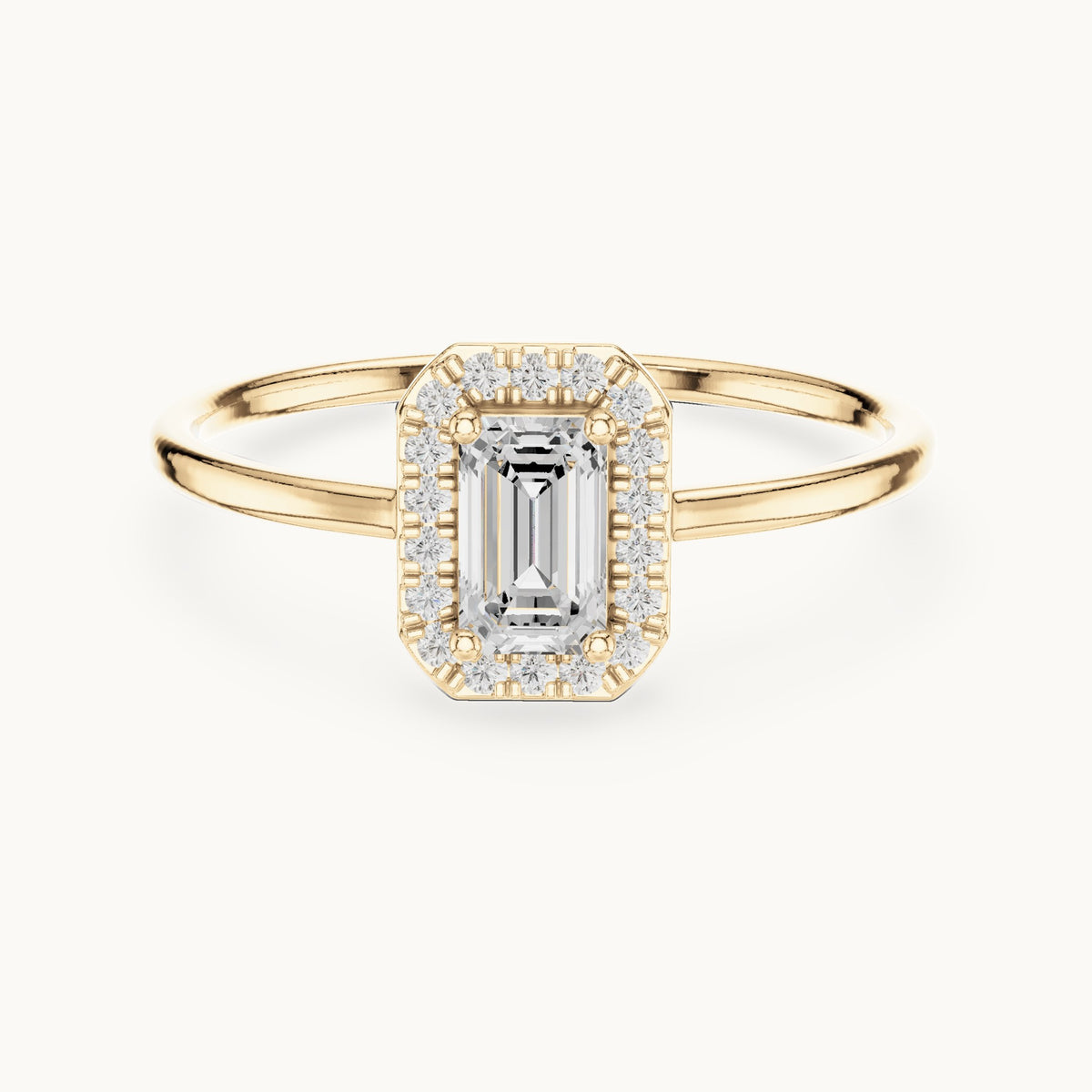 Emerald-cut lab-grown diamond petite halo engagement ring in yellow gold, 0.34 CT TW, view 4