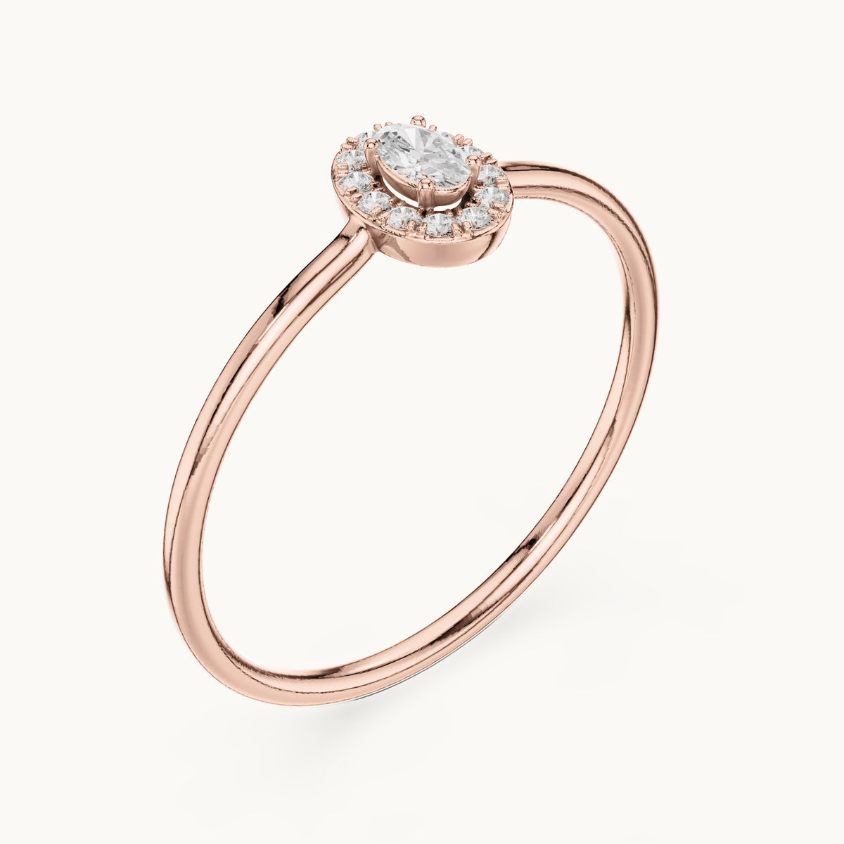Oval lab-grown diamond dainty halo ring in rose gold, 0.11 CT TW, view 2