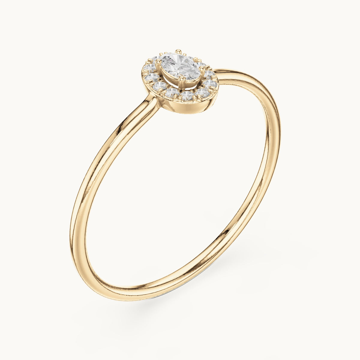 Oval lab-grown diamond dainty halo ring in yellow gold, 0.11 CT TW, view 2