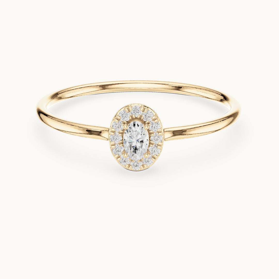 Oval lab-grown diamond dainty halo ring in yellow gold, 0.11 CT TW, view 4