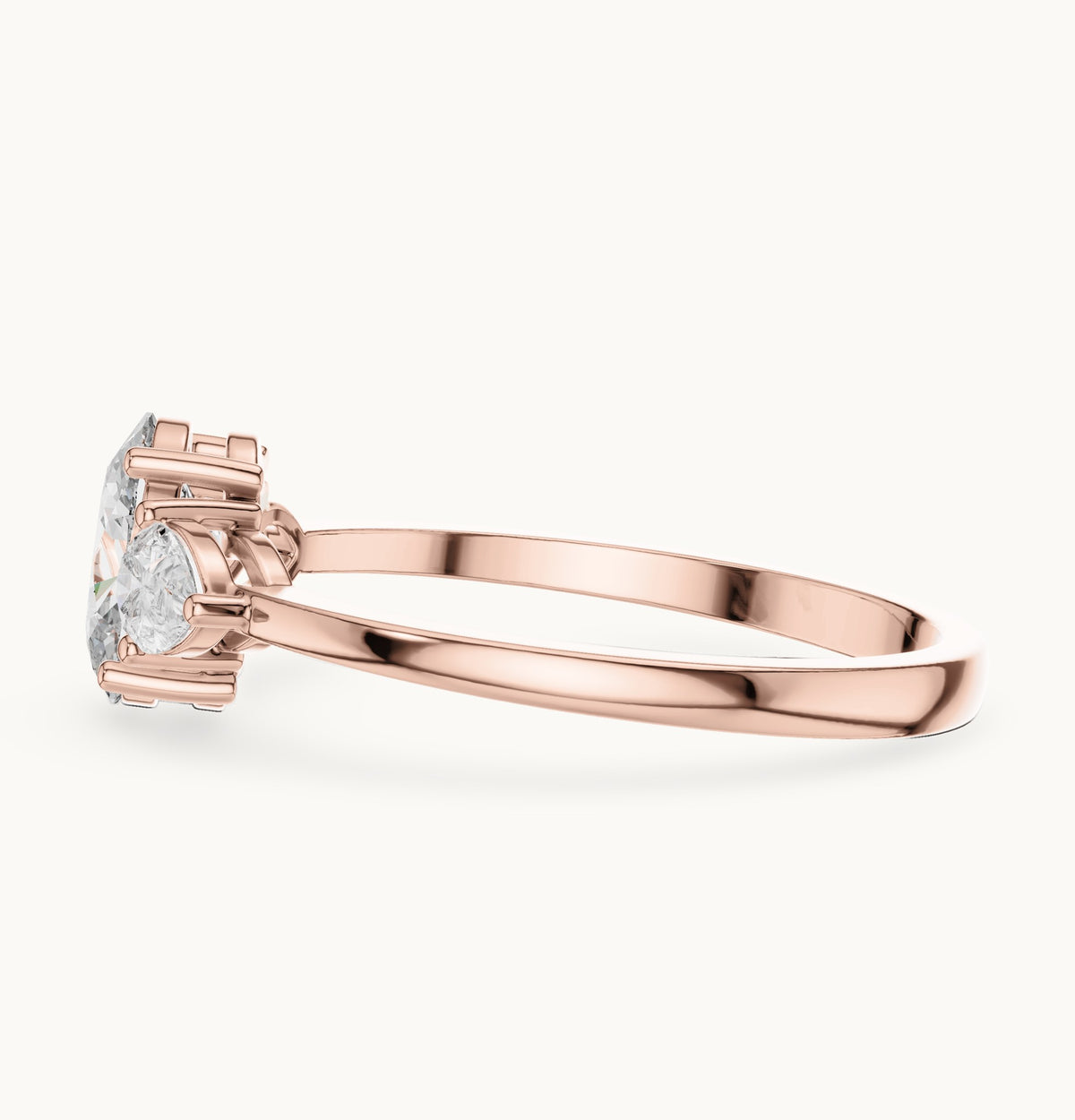 Oval lab-grown diamond three-stone engagement ring with pear side stones in rose gold, 0.93 CT TW, view 3