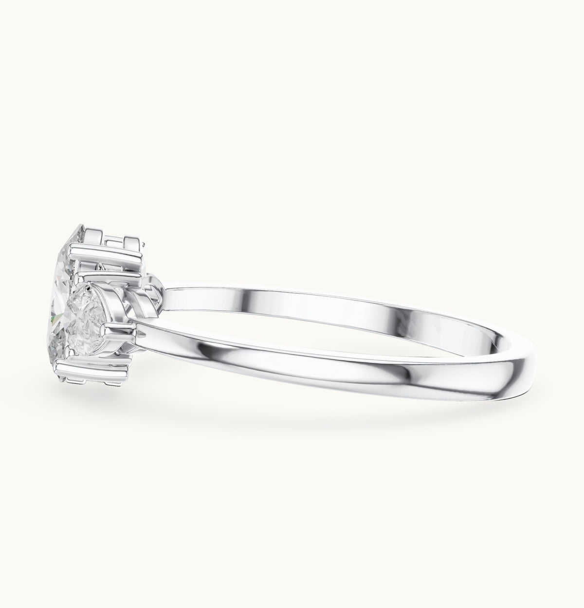 Oval lab-grown diamond three-stone engagement ring with pear side stones in white gold, 0.93 CT TW, view 3